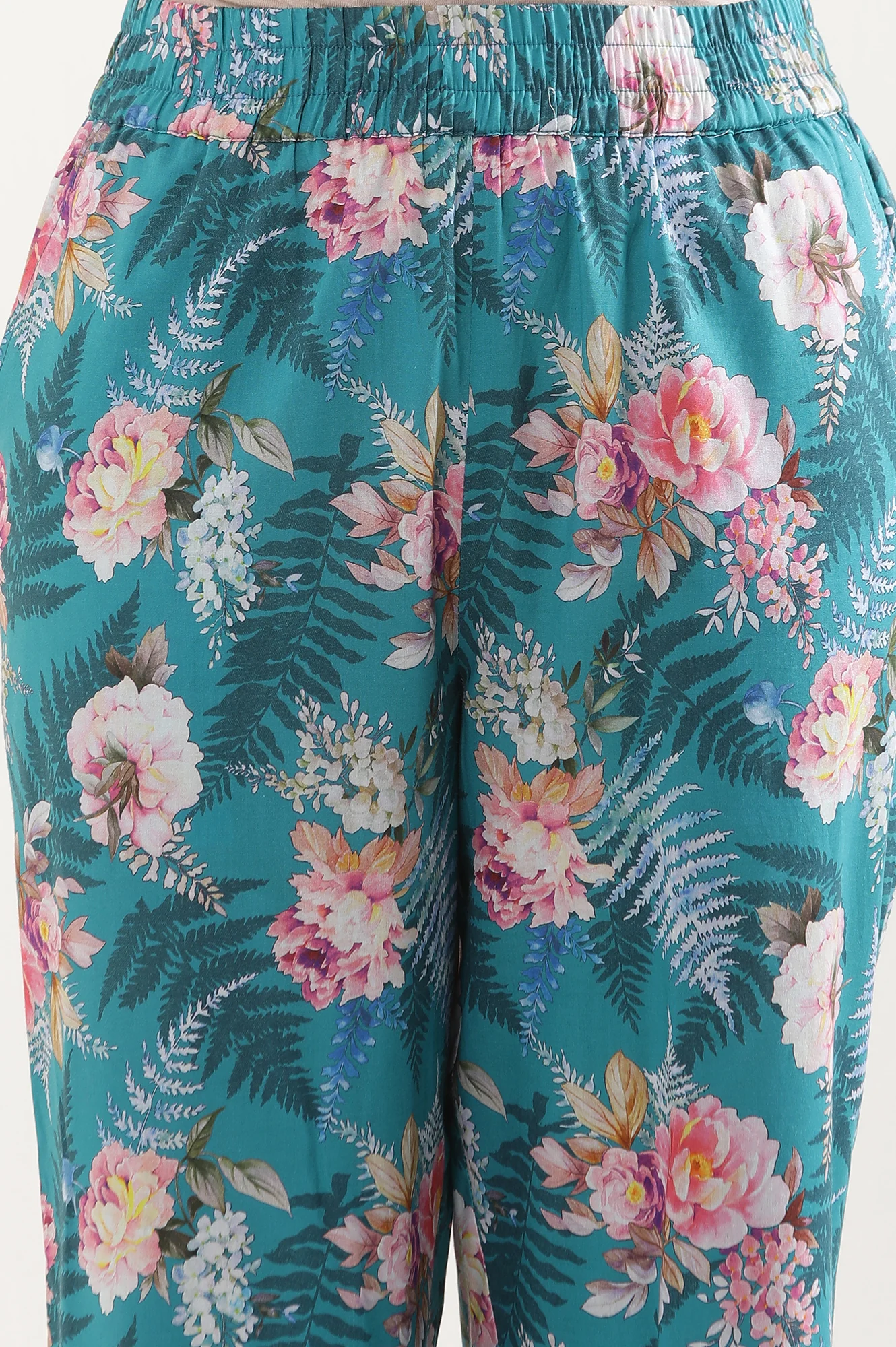 Elleven Women's Green Floral Printed Straight Fit Cotton Palazzo With Elasticated Waist - Image 9