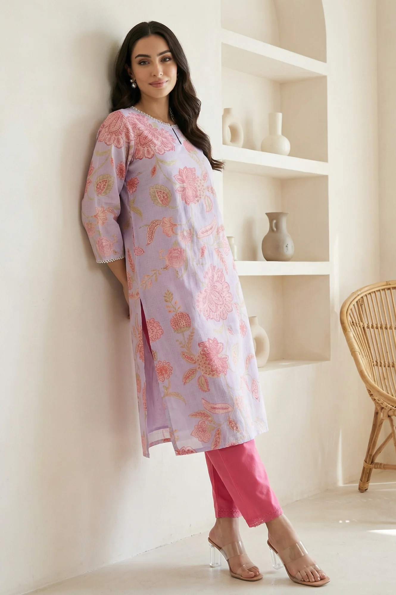 Lavender Floral Printed Lace Kota Straight Kurta - Image 3