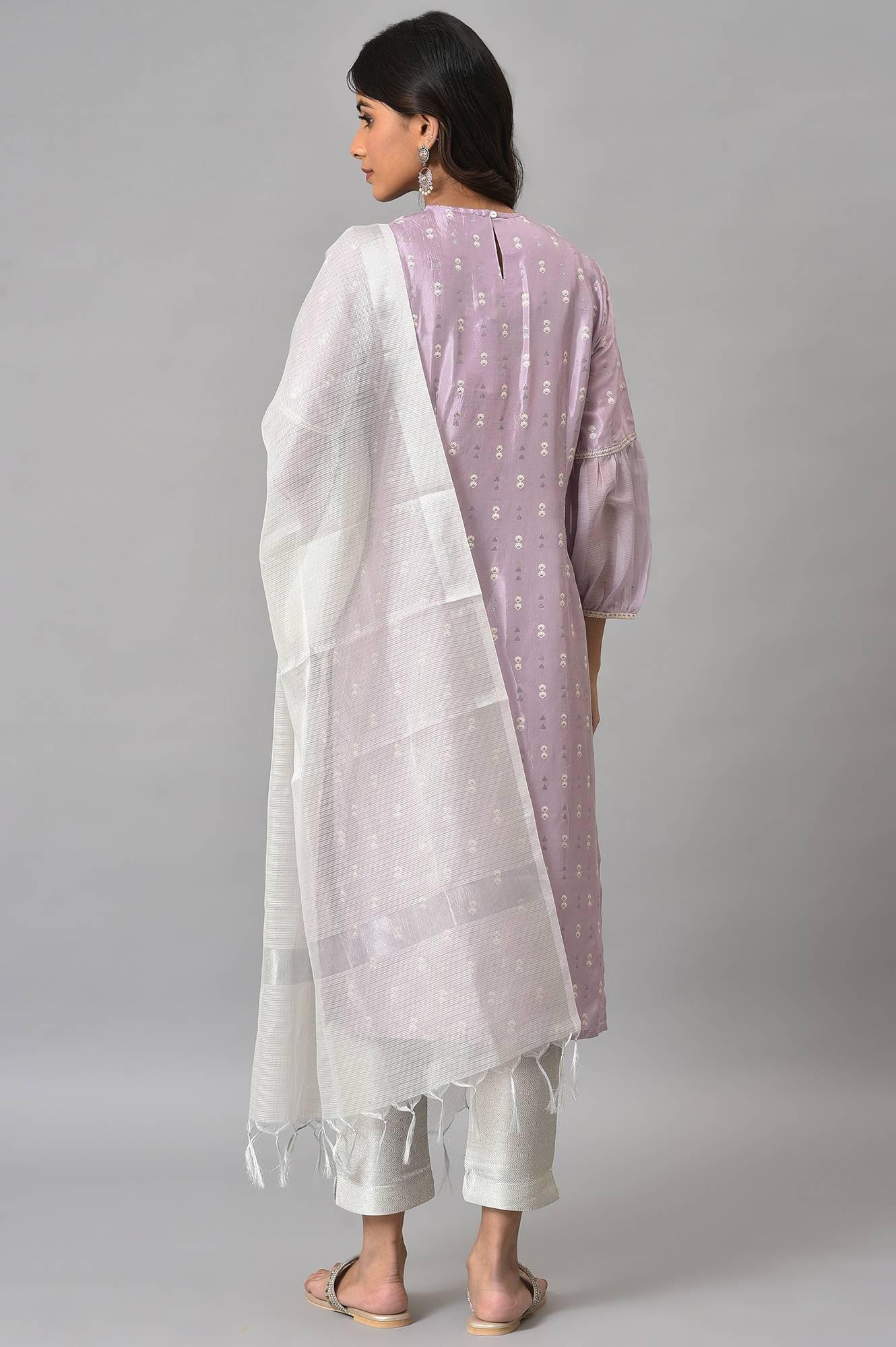 Lavender Shantung Embroidered kurta With Silver Slim Pants And Kota Dupatta - Image 2