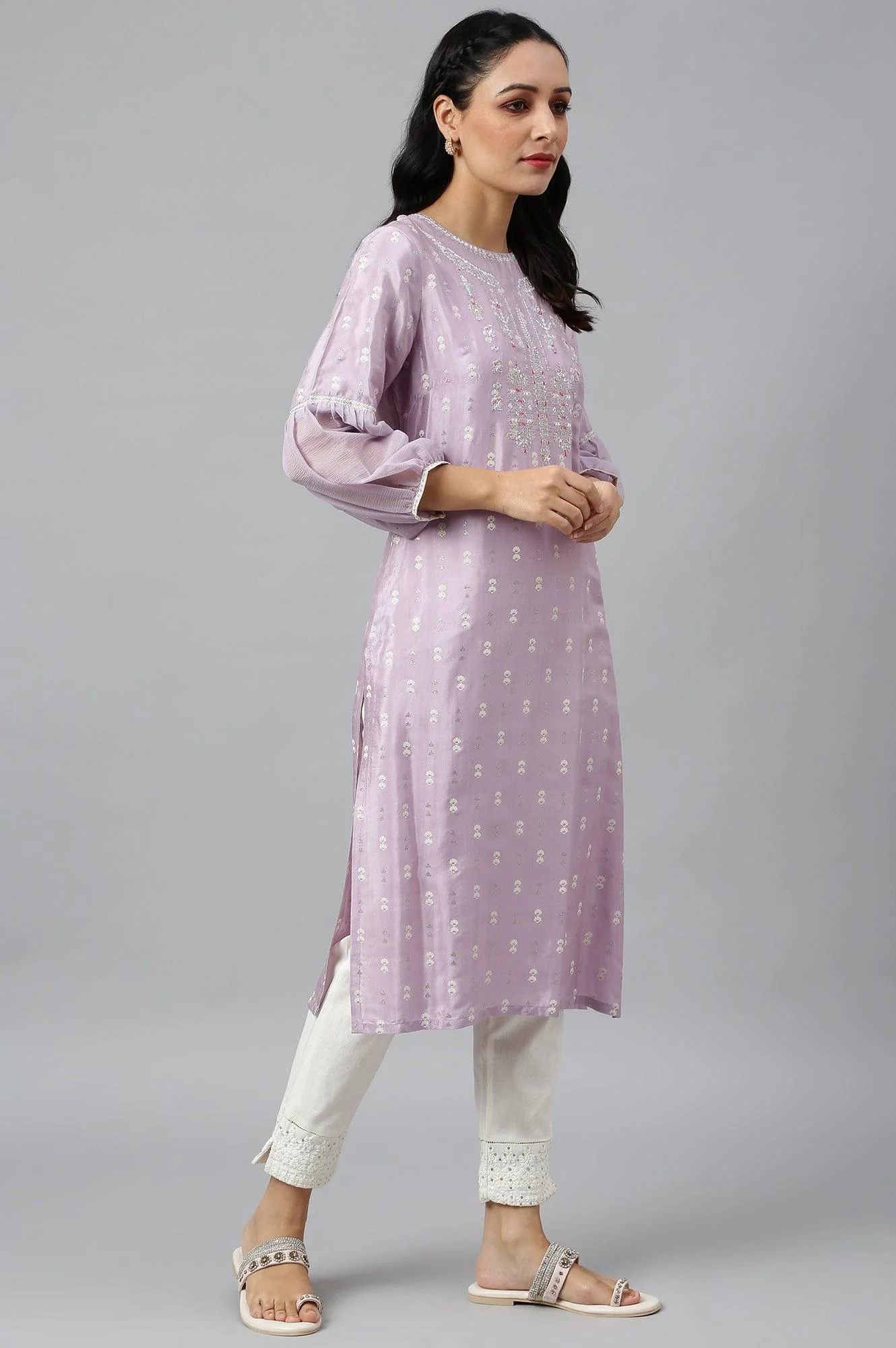Lavender Shantung kurta With Embroidery - Image 6