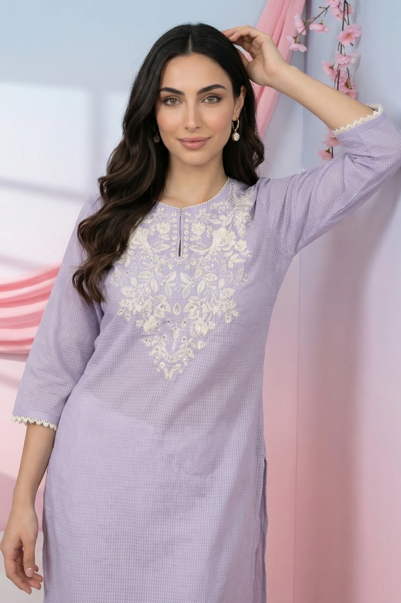 Lavender Thread Embroidered Kota Straight Kurta - Image 2