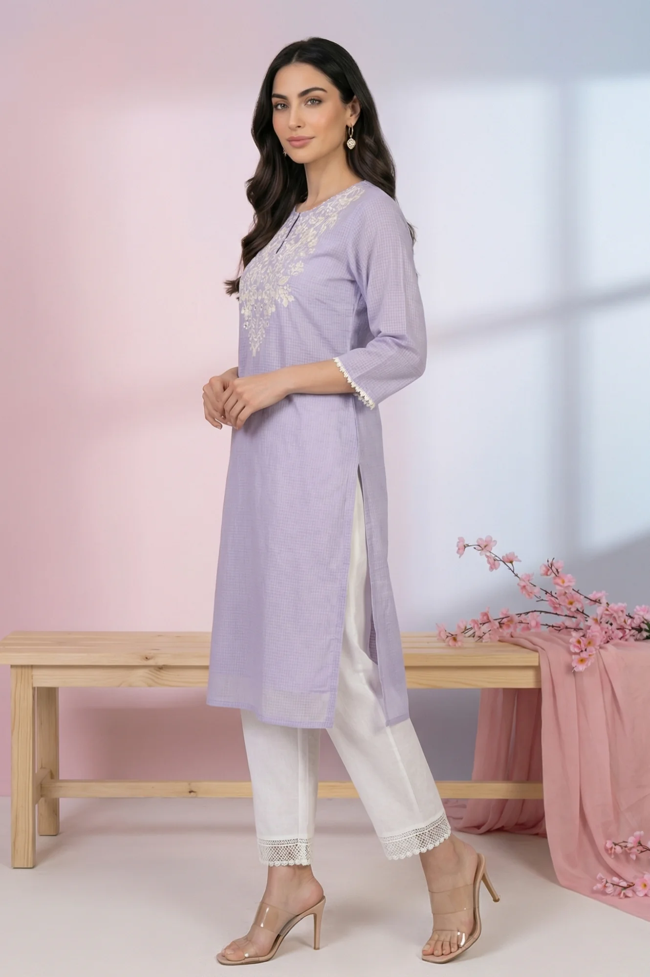Lavender Thread Embroidered Kota Straight Kurta - Image 4