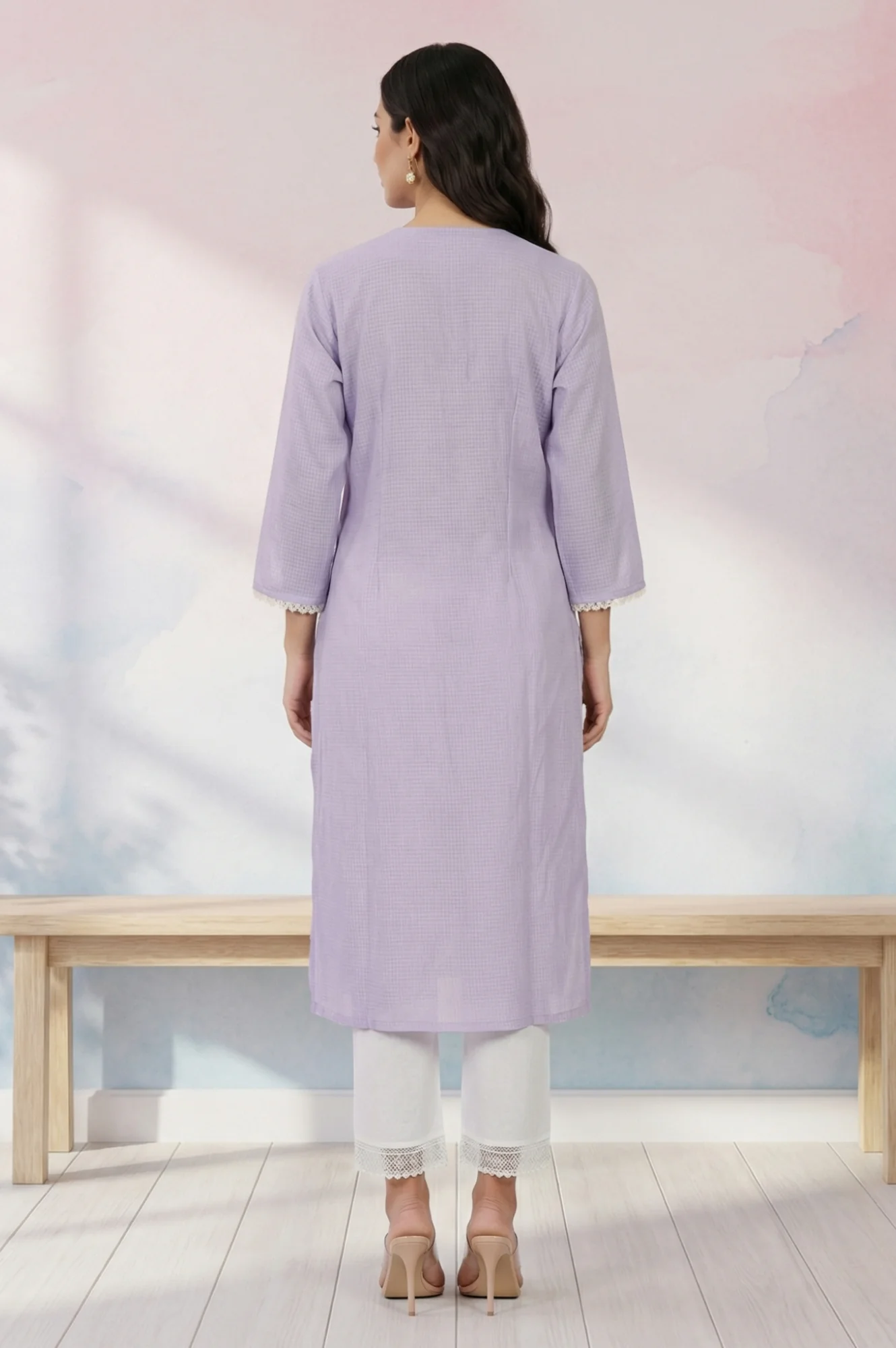Lavender Thread Embroidered Kota Straight Kurta - Image 5