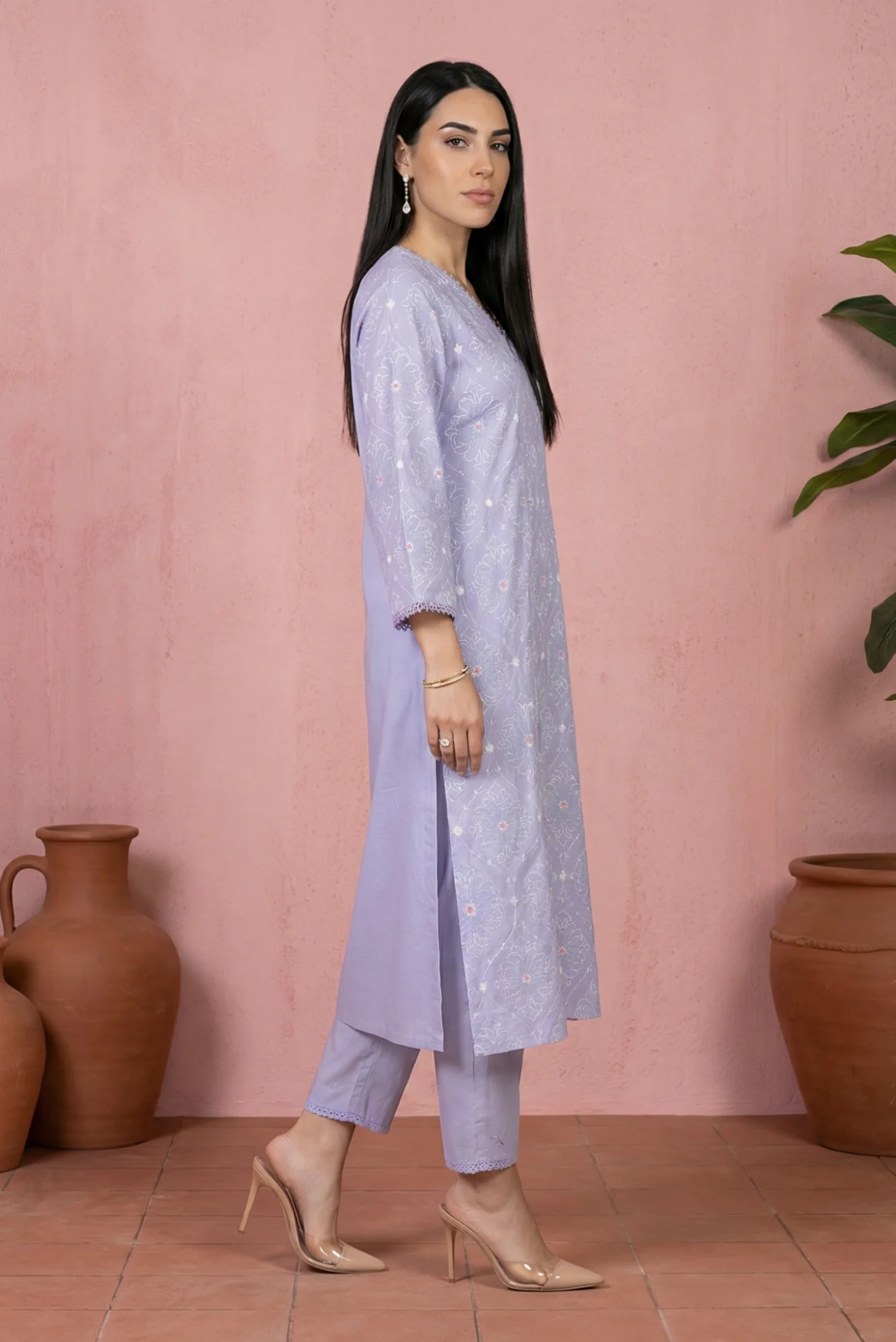 Lavender Thread Embroidered Pure Cotton Straight Kurta with Straight Pants and Dupatta Set - Image 6