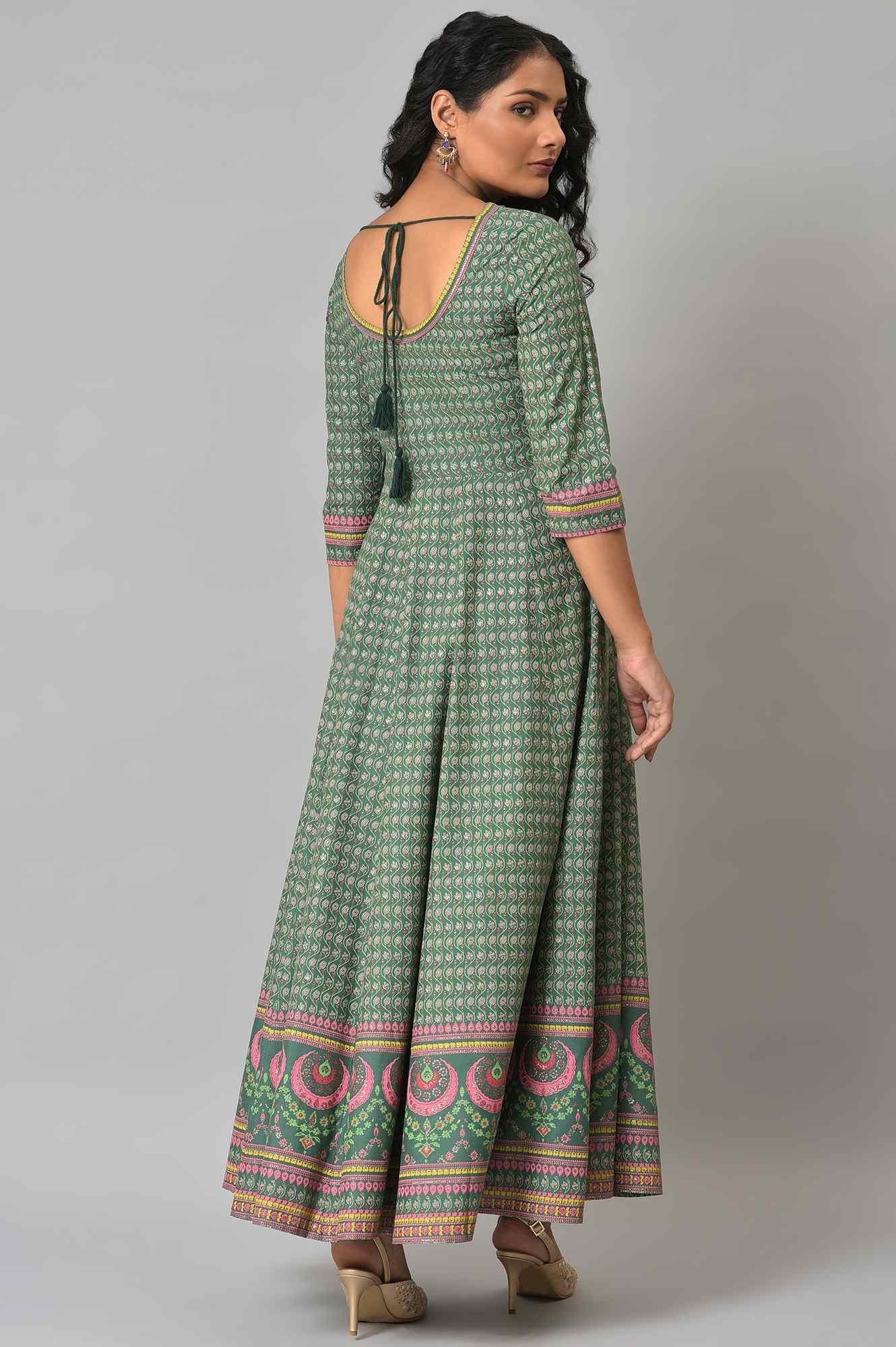 Leaf Green Glitter Printed Kalidar Dress - Image 2