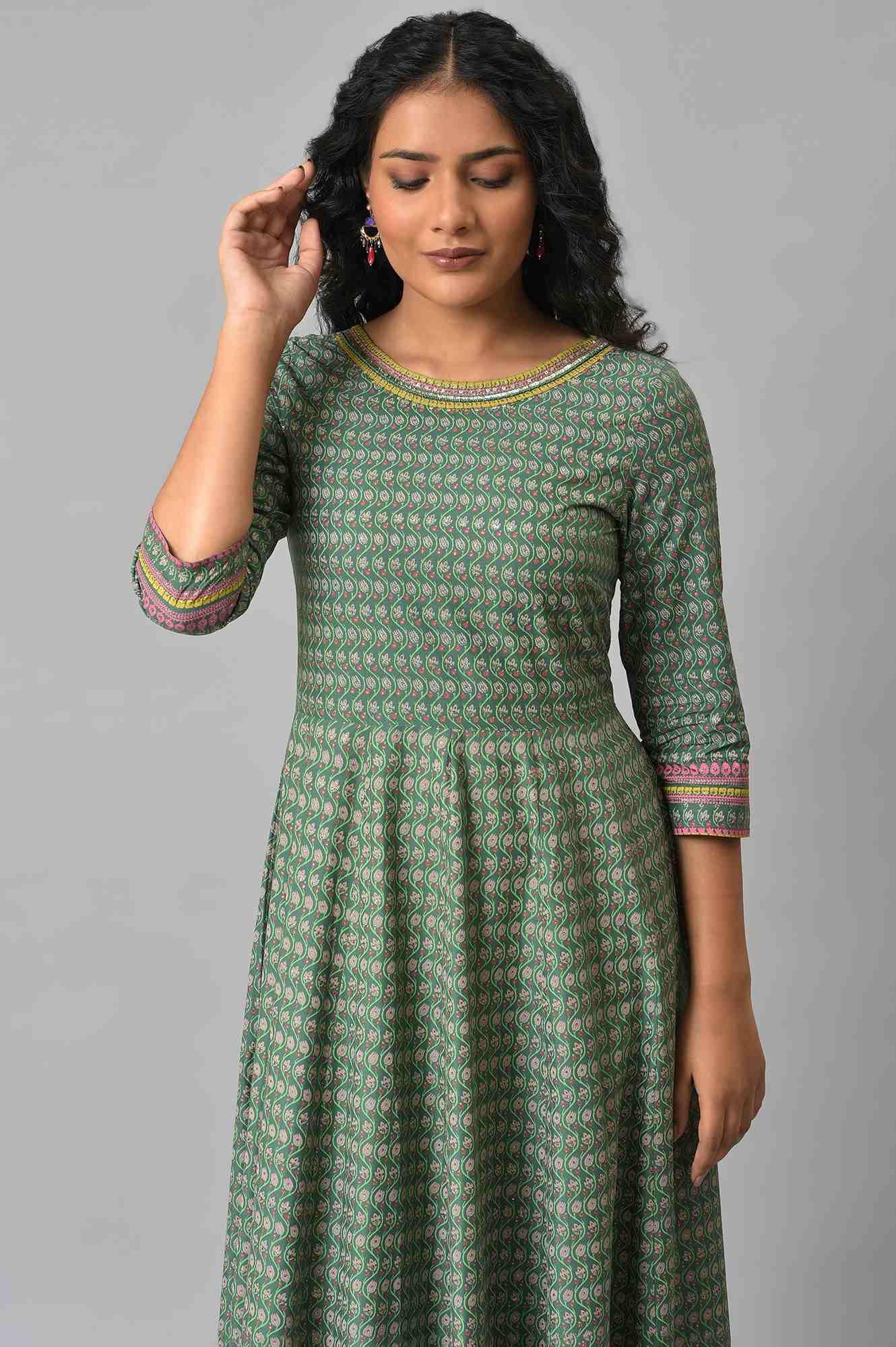 Leaf Green Glitter Printed Kalidar Dress - Image 5