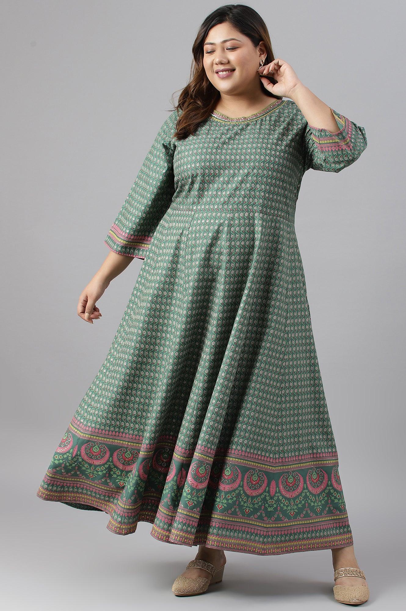Leaf Green Glitter Printed Kalidar Plus Size Dress - Image 6
