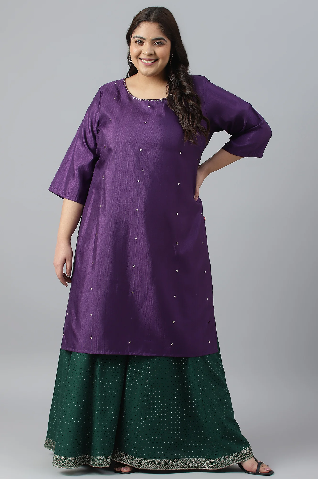 Leaf Green Glitter Printed Plus Size Culottes - Image 6