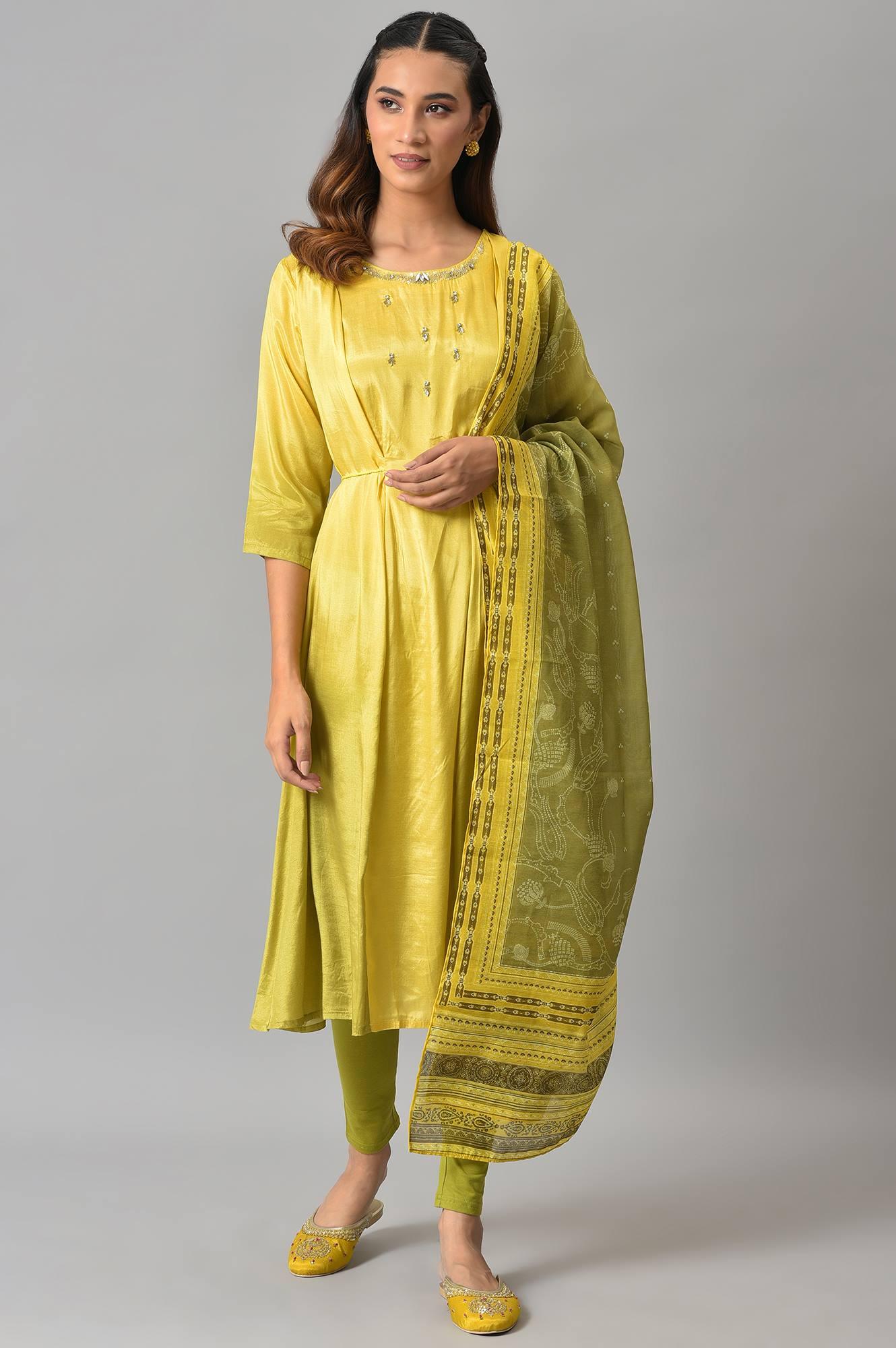 Lemon Yellow and Olive Green Printed Kurta with Tights and Dupatta Set