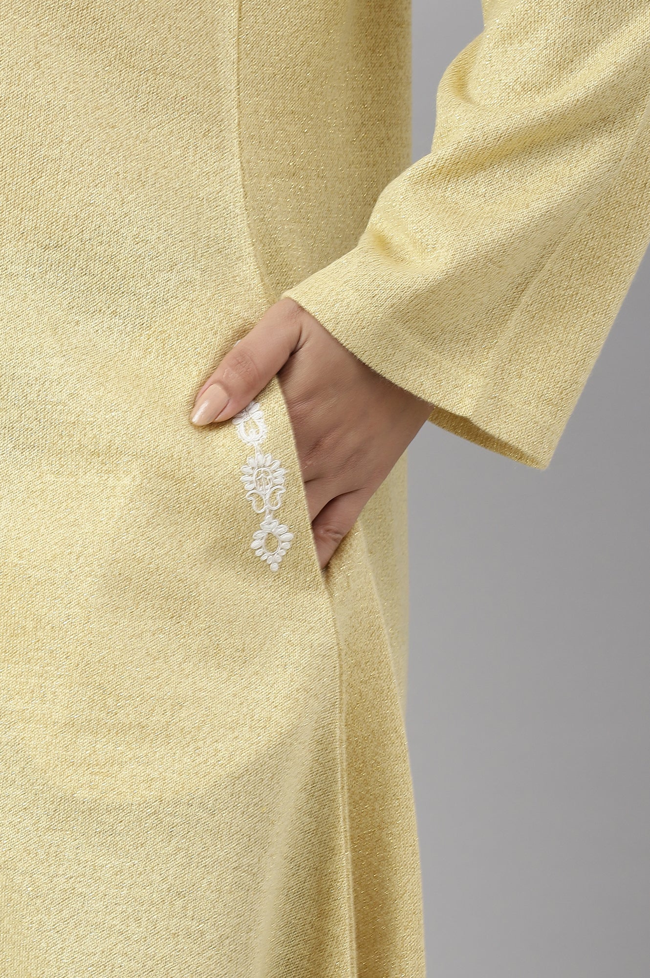 Lemon Yellow Embroidered A-Line Plus Size Winter kurta - Image 10