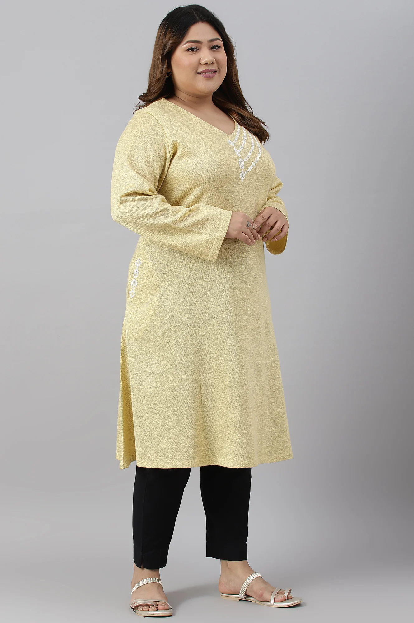 Lemon Yellow Embroidered A-Line Plus Size Winter kurta - Image 4