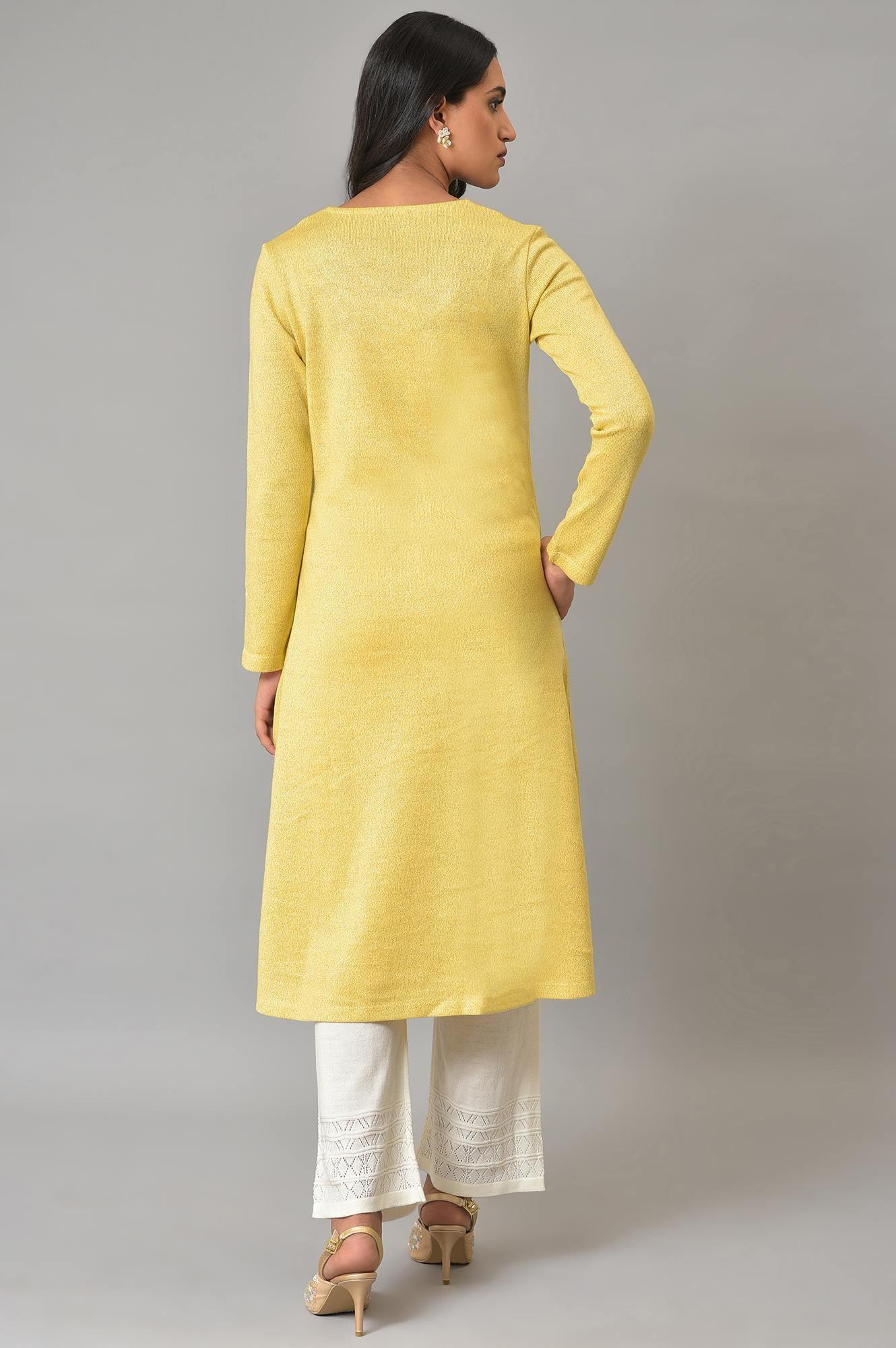Lemon Yellow Embroidered A-Line Winter kurta - Image 2