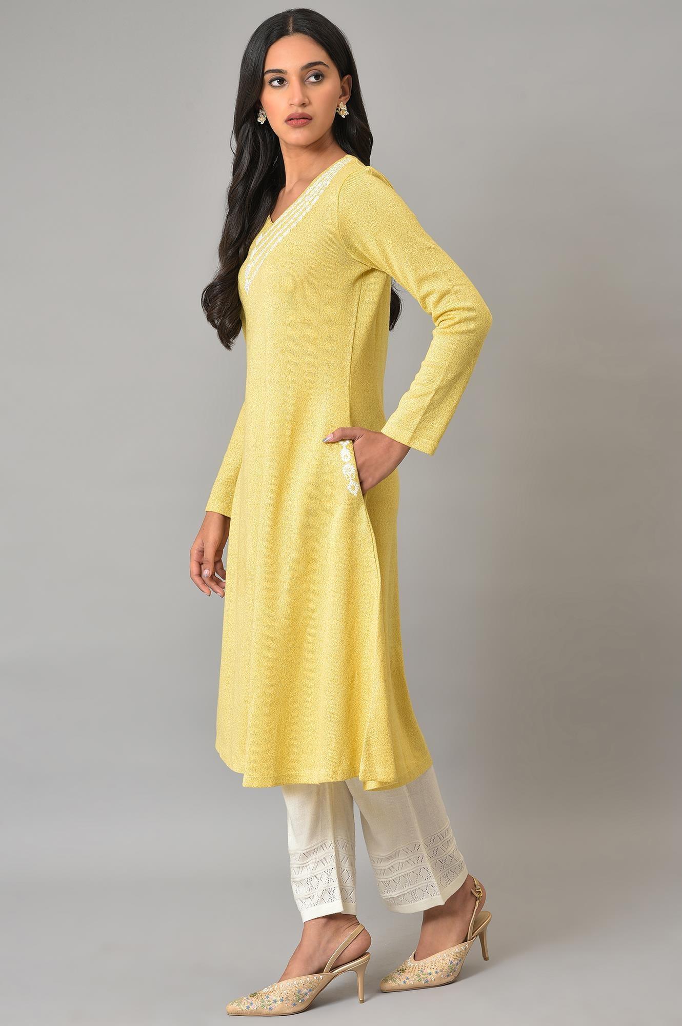Lemon Yellow Embroidered A-Line Winter kurta - Image 3