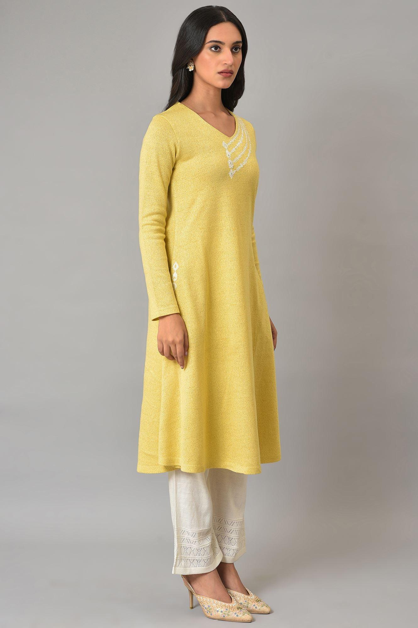 Lemon Yellow Embroidered A-Line Winter kurta - Image 4