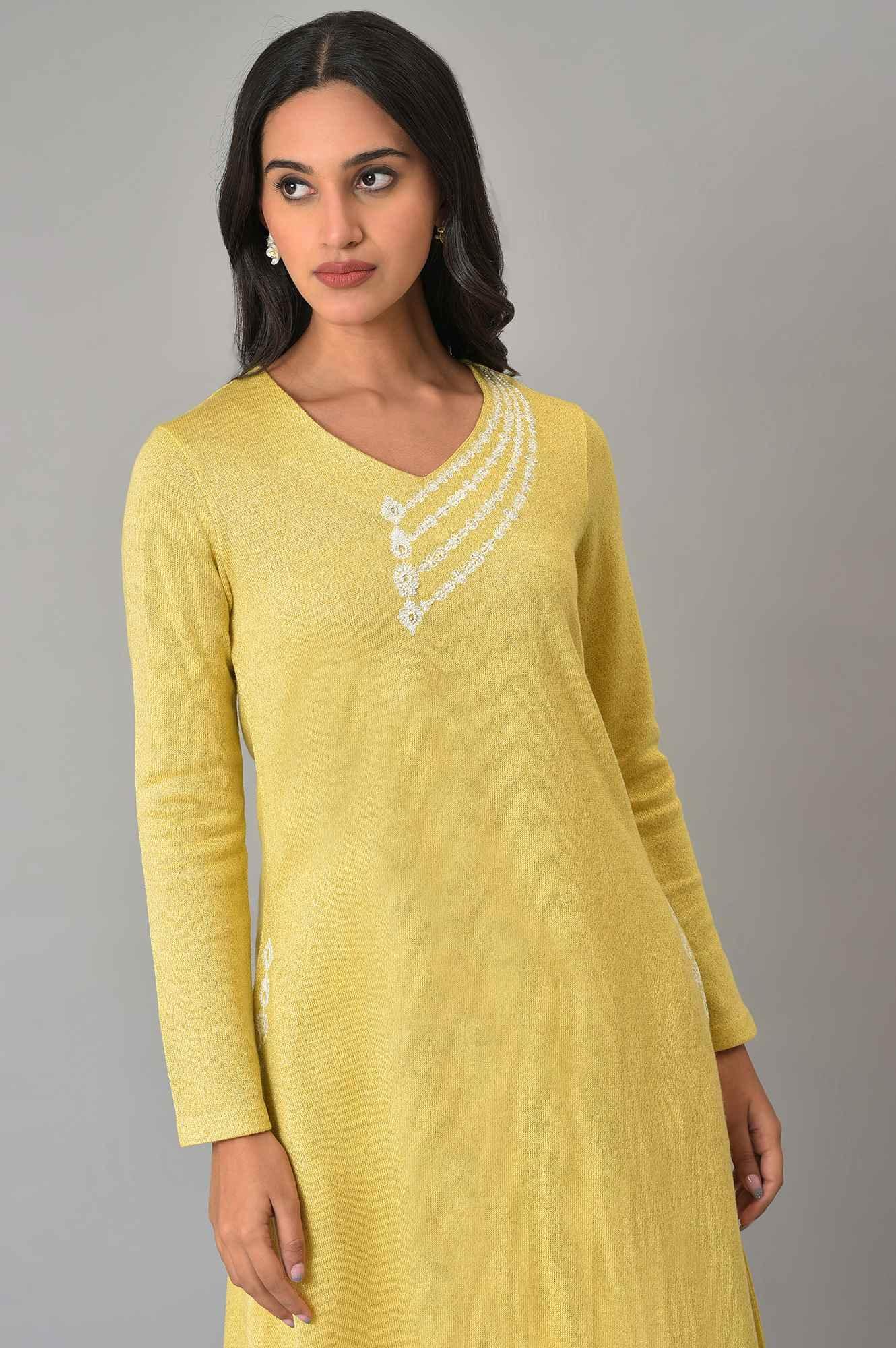 Lemon Yellow Embroidered A-Line Winter kurta - Image 5