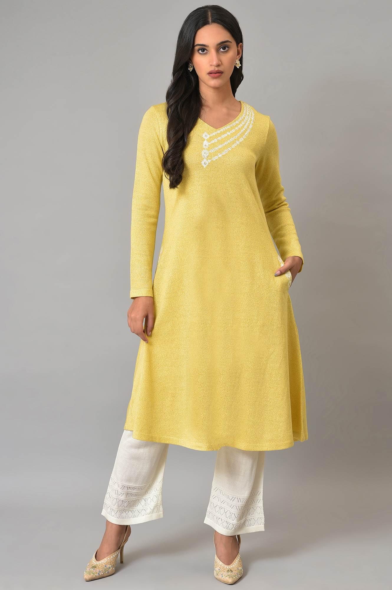 Lemon Yellow Embroidered A-Line Winter kurta - Image 6