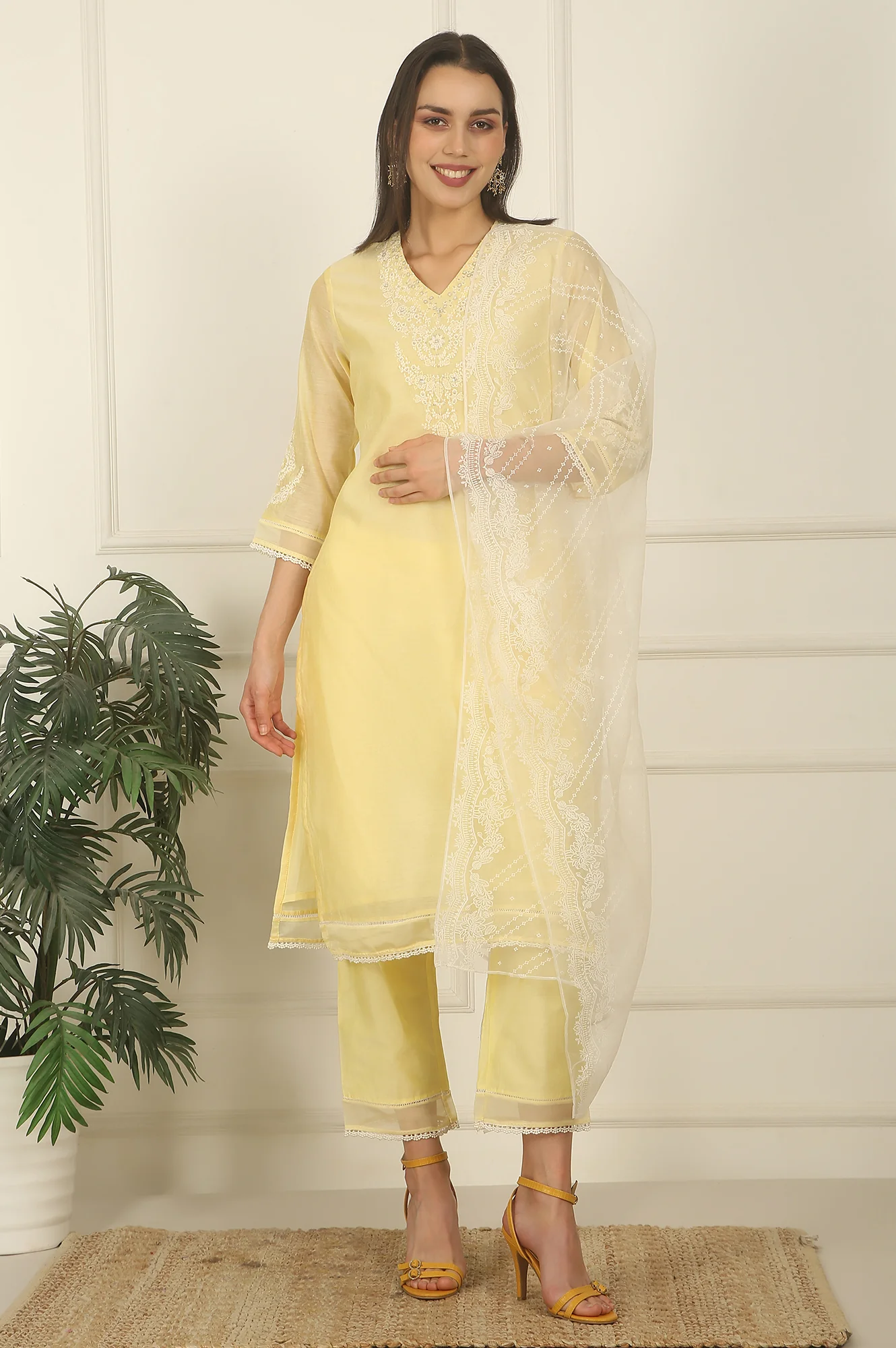 Lemon Yellow Embroidered Chanderi A-line Kurta, Pants and Dupatta Set - Image 2