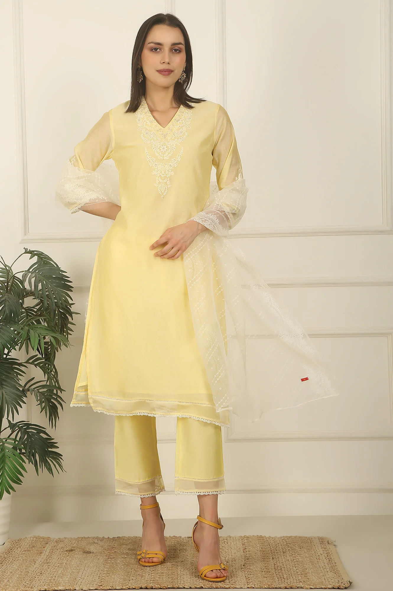 Lemon Yellow Embroidered Chanderi A-line Kurta, Pants and Dupatta Set - Image 3
