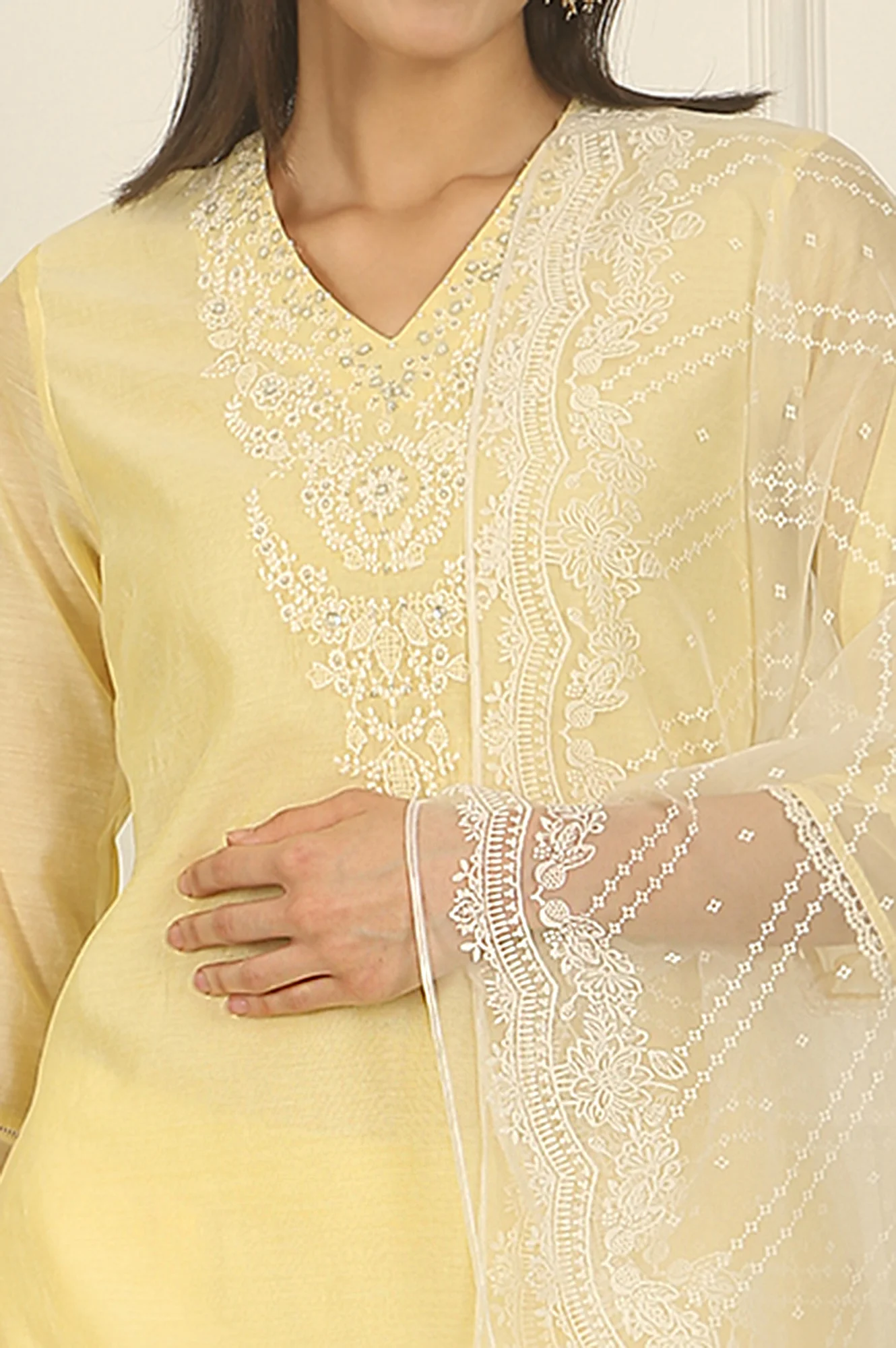 Lemon Yellow Embroidered Chanderi A-line Kurta, Pants and Dupatta Set - Image 4