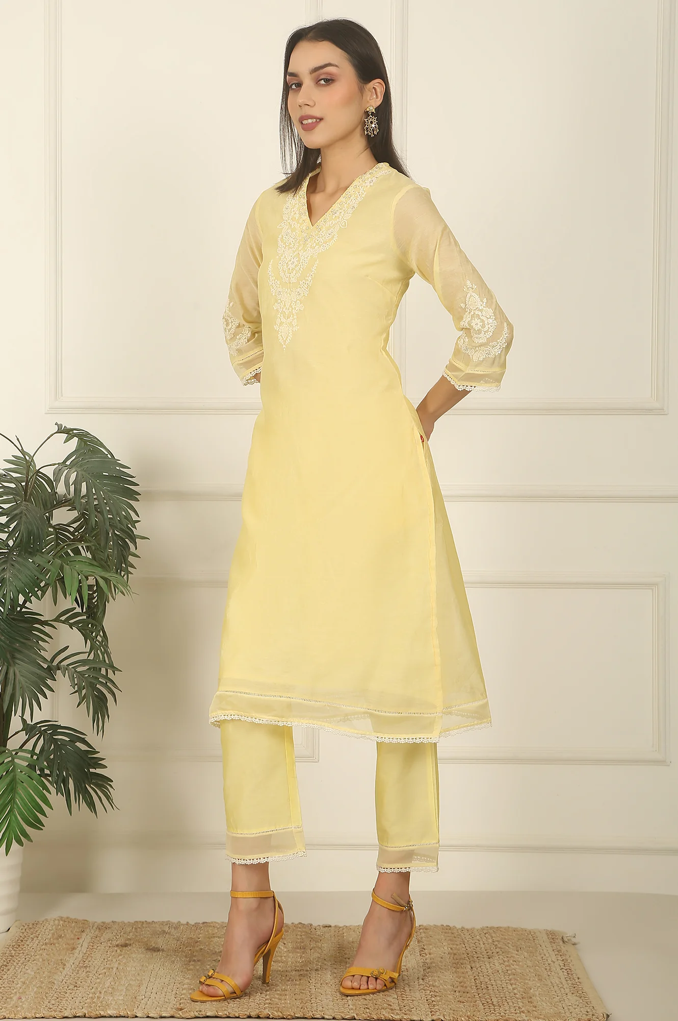 Lemon Yellow Embroidered Chanderi A-line Kurta, Pants and Dupatta Set - Image 5