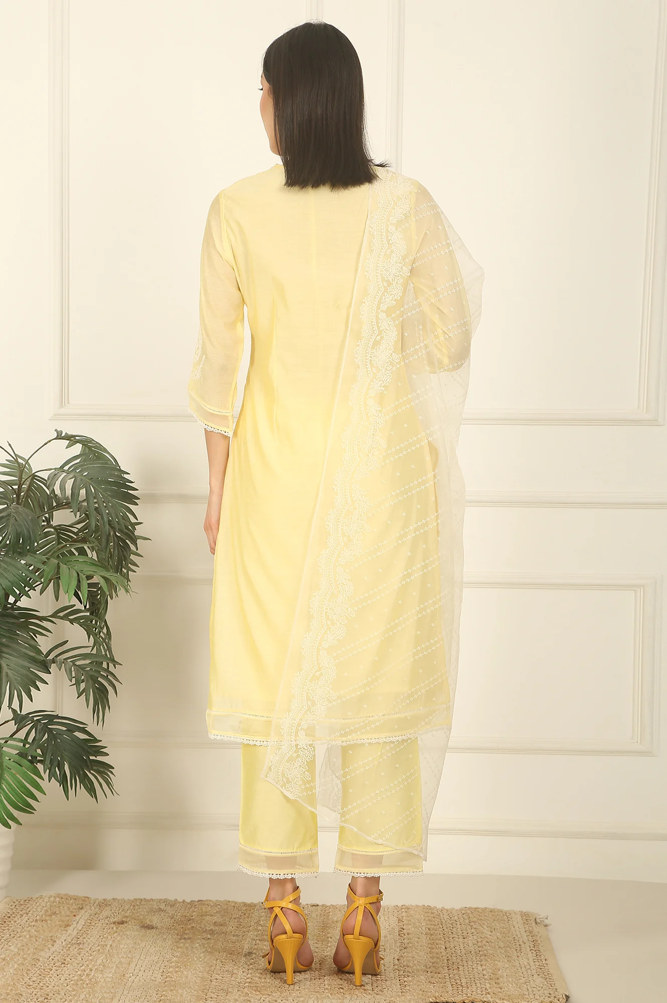 Lemon Yellow Embroidered Chanderi A-line Kurta, Pants and Dupatta Set - Image 6