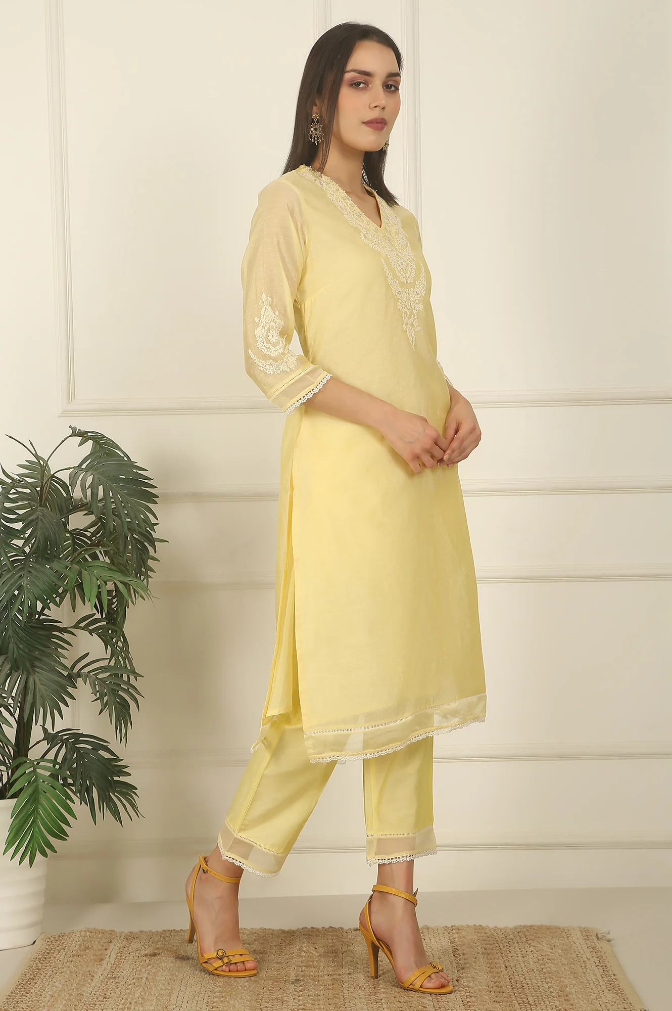 Lemon Yellow Embroidered Chanderi A-line Kurta, Pants and Dupatta Set - Image 7