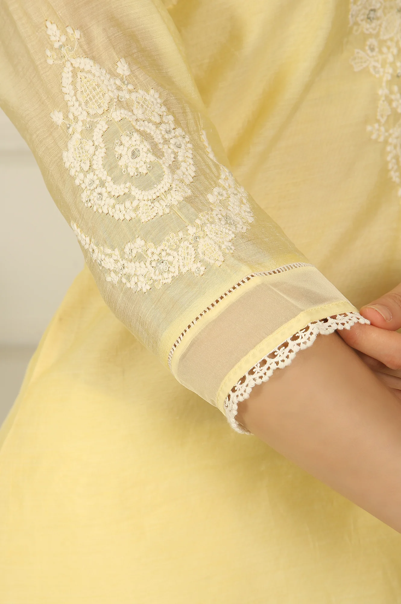 Lemon Yellow Embroidered Chanderi A-line Kurta, Pants and Dupatta Set - Image 8