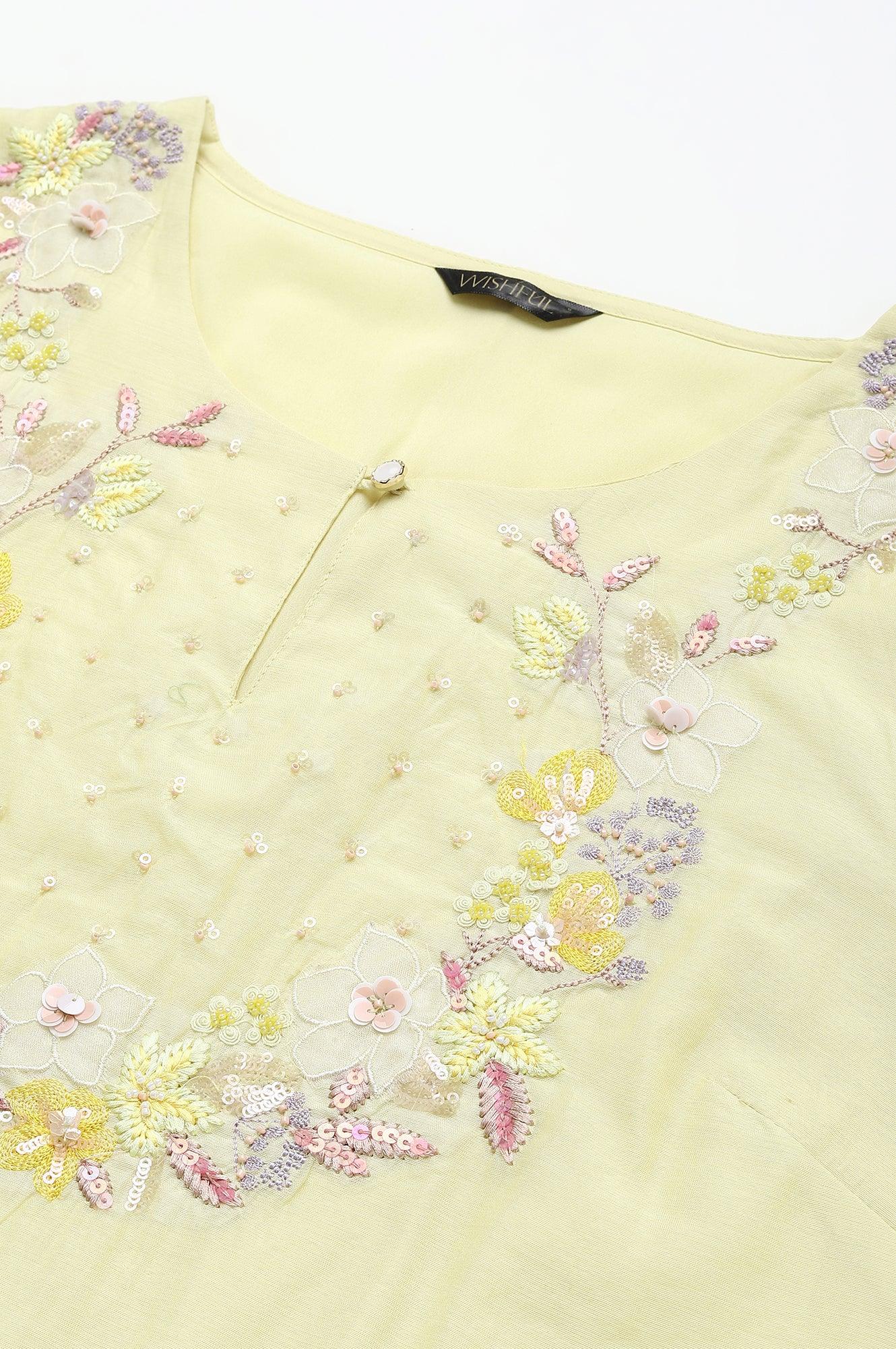Lemon Yellow Embroidered Chanderi kurta With Slim Pants And Dupatta - Image 2