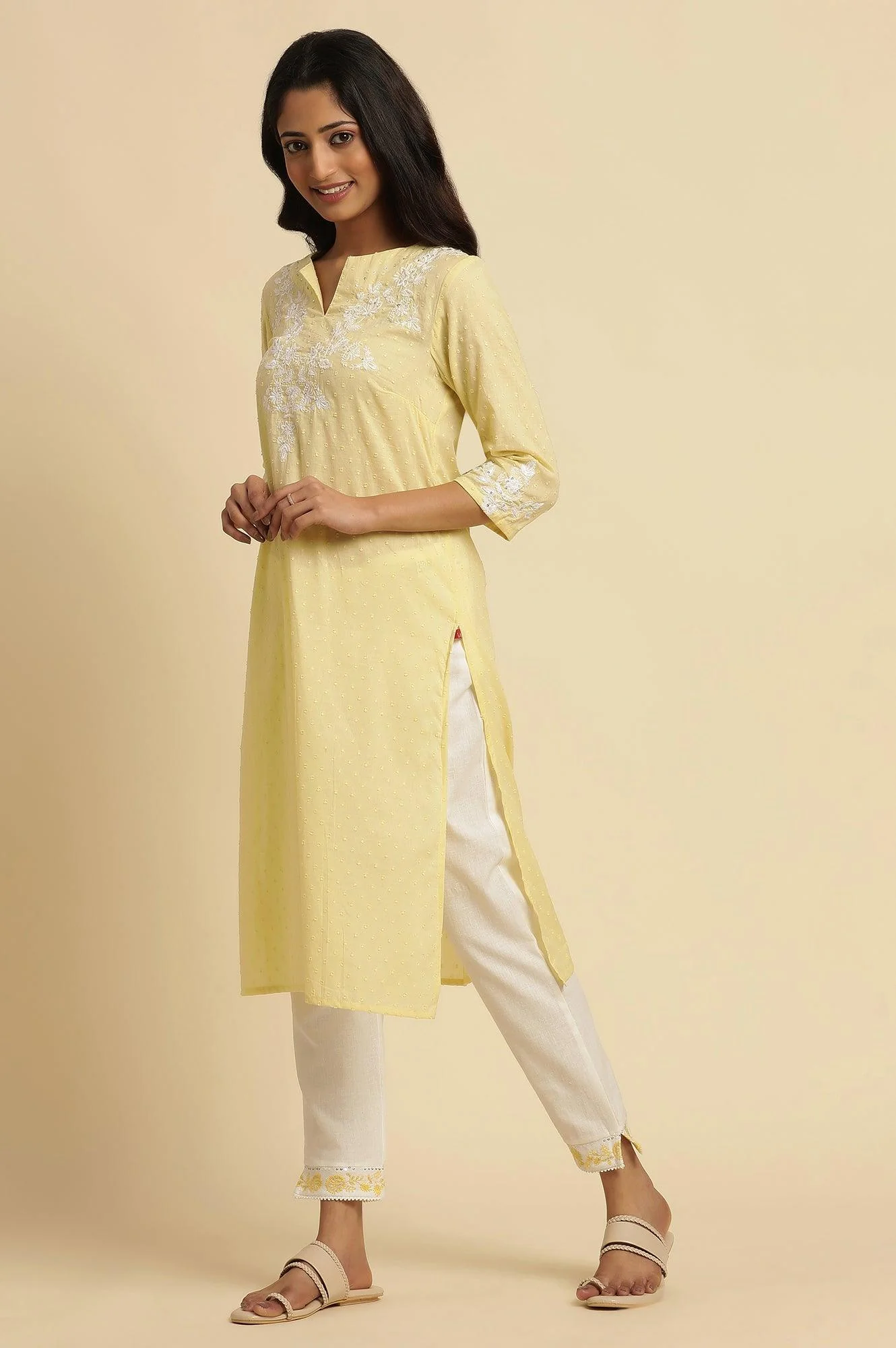 Lemon Yellow Embroidered Kurta - Image 3