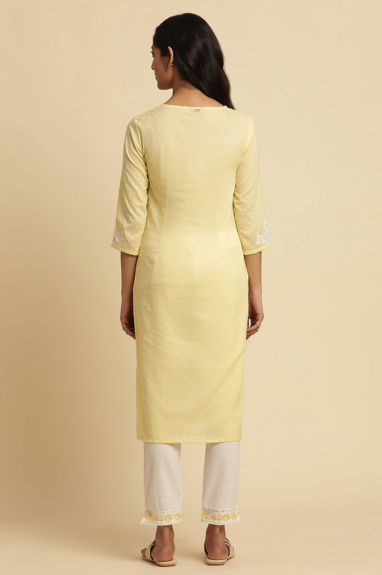 Lemon Yellow Embroidered Kurta - Image 4