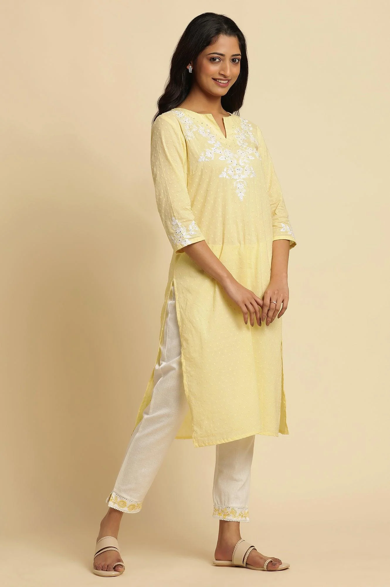 Lemon Yellow Embroidered Kurta - Image 5