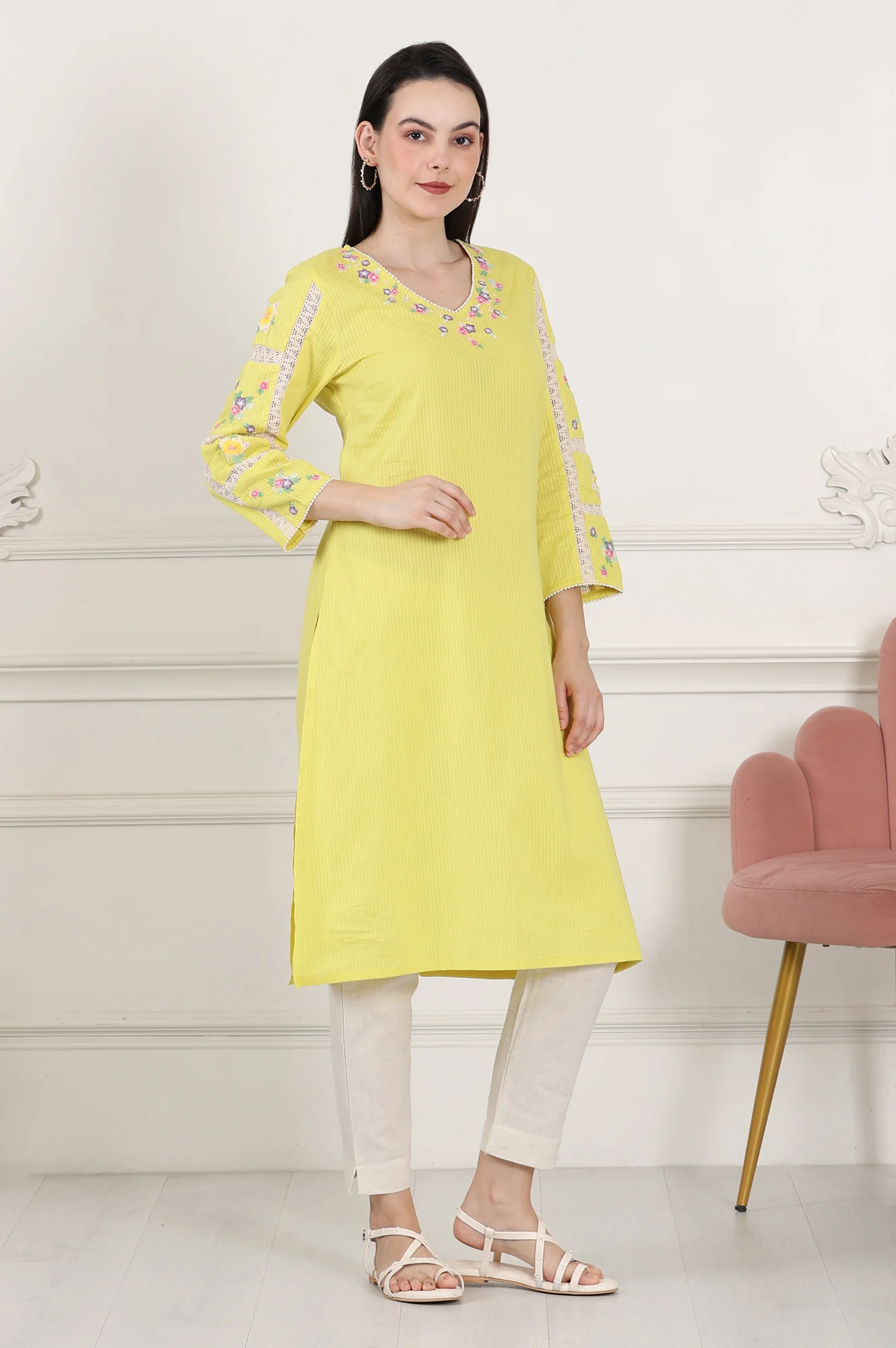 Lemon Yellow Floral Thread Embroidered Pure Cotton Straight Kurta - Image 5