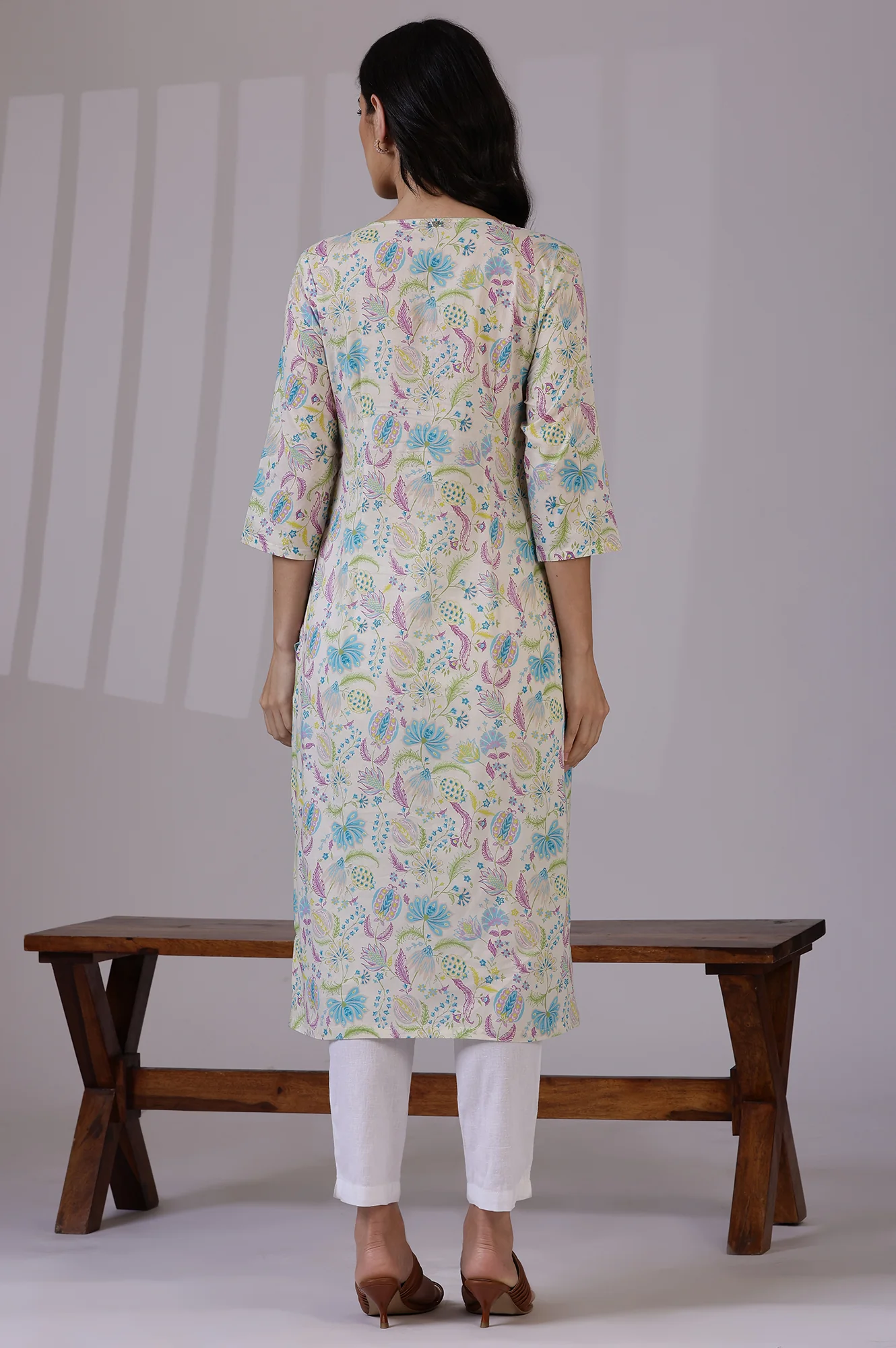 Light Beige Floral Printed Pure Cotton Straight Kurta - Image 6