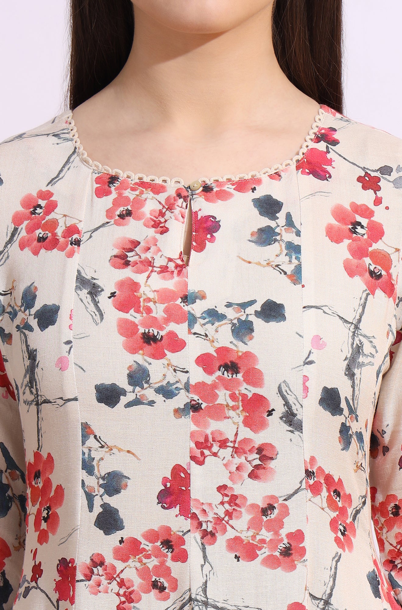 Light Beige Floral Printed Rayon Flax Anarkali Kurta with Lace - Image 4