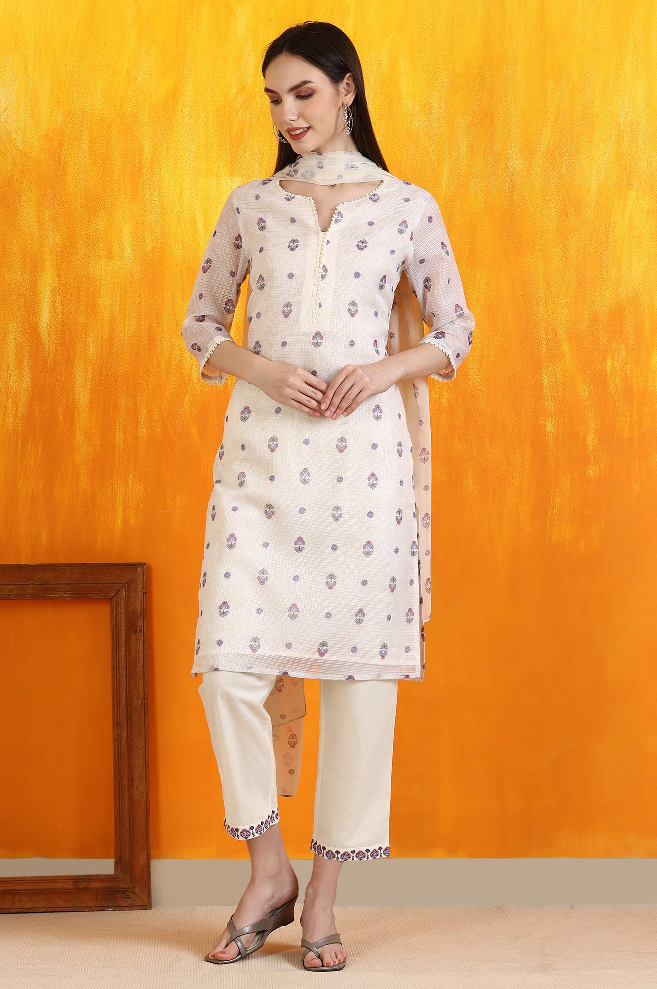 Light Beige Floral Printed Straight Kota Kurta, Pants and Dupatta Set - Image 2