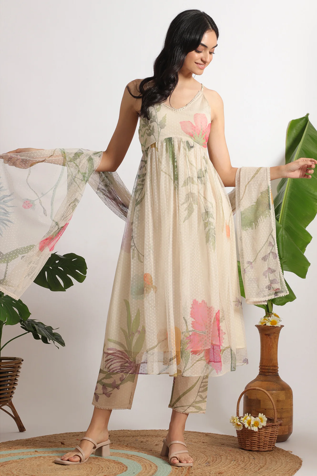 Light Beige Floral Printed Swiss Dot Net Spaghetti Flared Kurta, Pants and Dupatta Set - Image 2