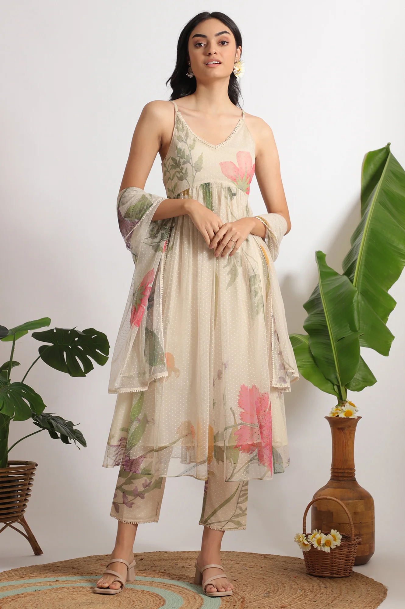 Light Beige Floral Printed Swiss Dot Net Spaghetti Flared Kurta, Pants and Dupatta Set - Image 3