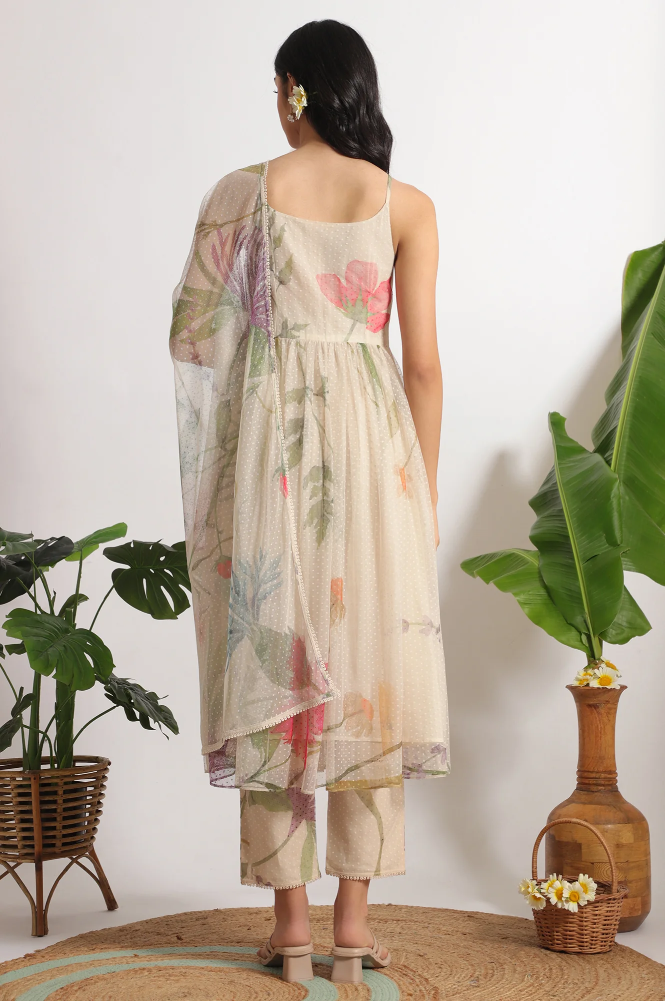 Light Beige Floral Printed Swiss Dot Net Spaghetti Flared Kurta, Pants and Dupatta Set - Image 6