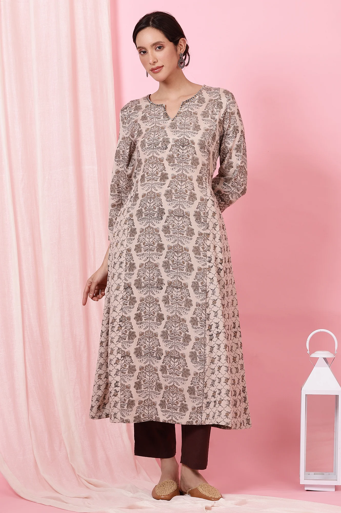 Light Beige Handblock Printed Kurta in Rayon Flax - Image 3