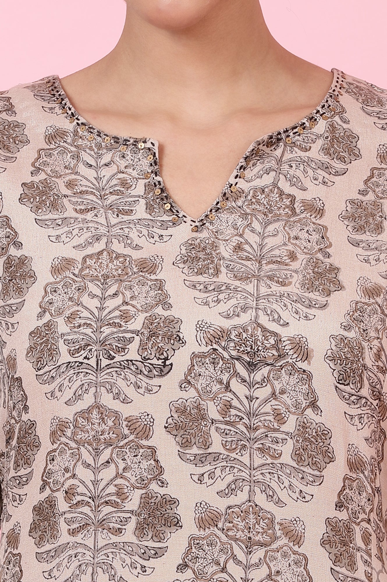Light Beige Handblock Printed Kurta in Rayon Flax - Image 4