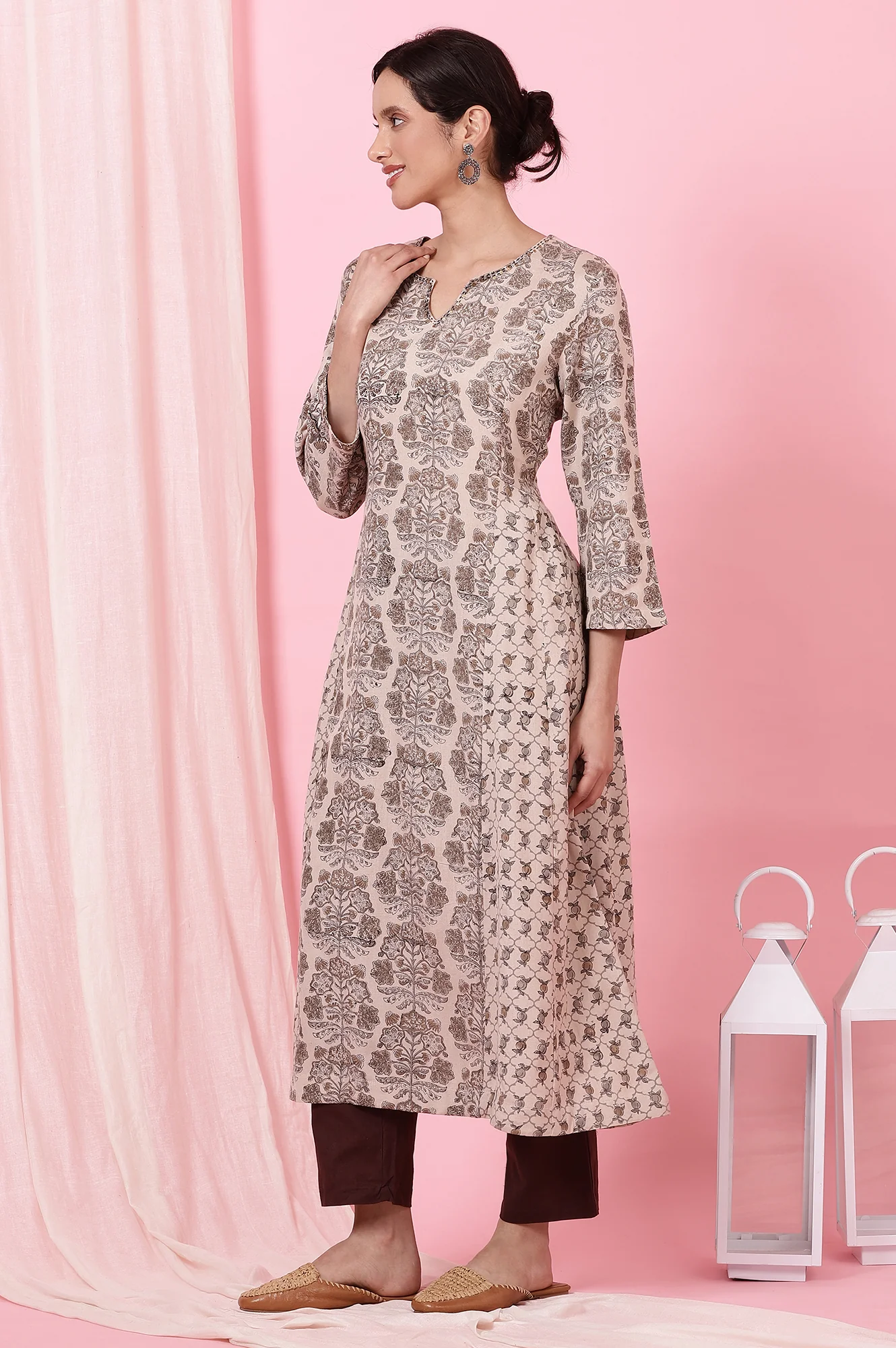 Light Beige Handblock Printed Kurta in Rayon Flax - Image 5