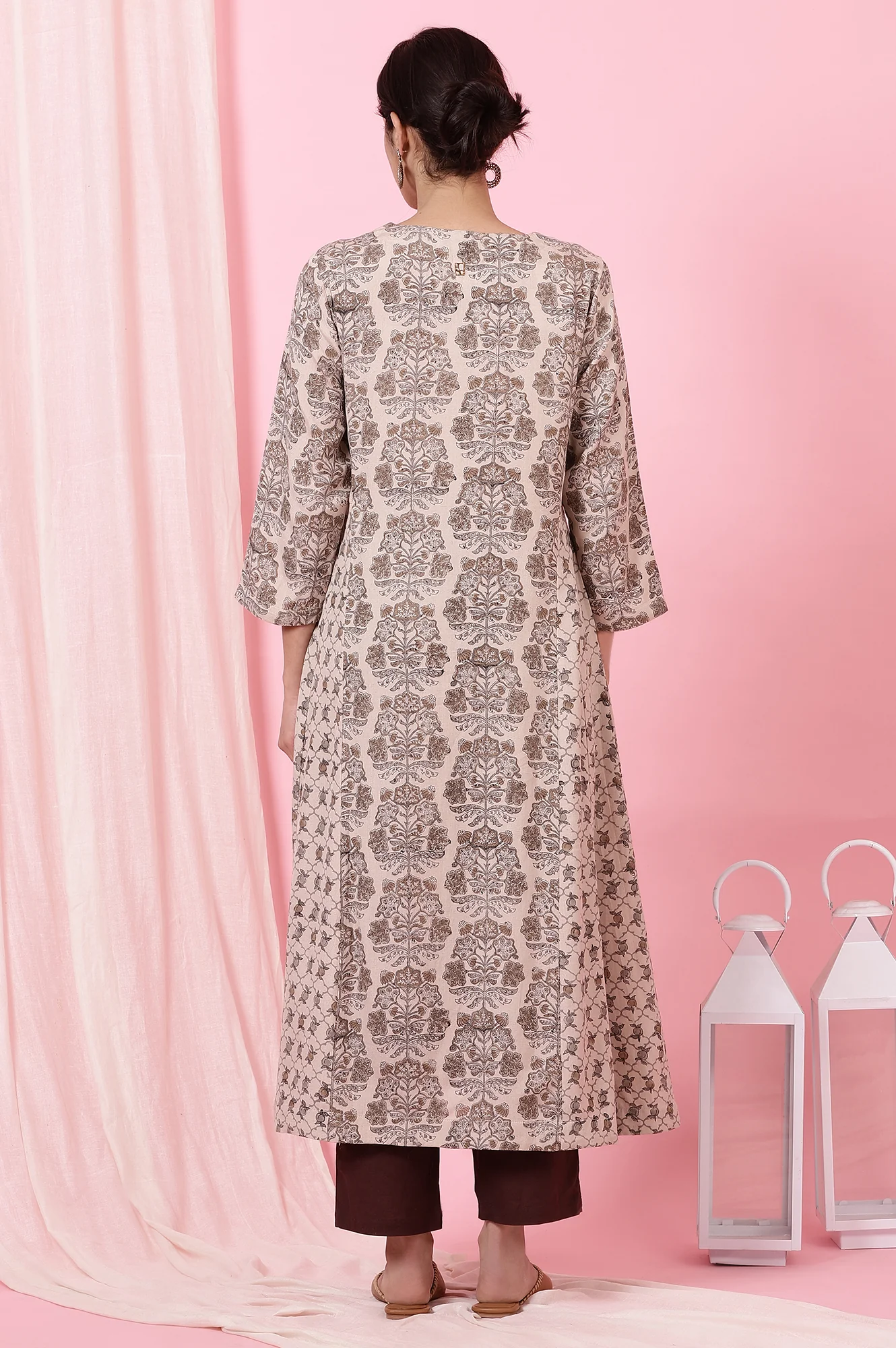 Light Beige Handblock Printed Kurta in Rayon Flax - Image 6