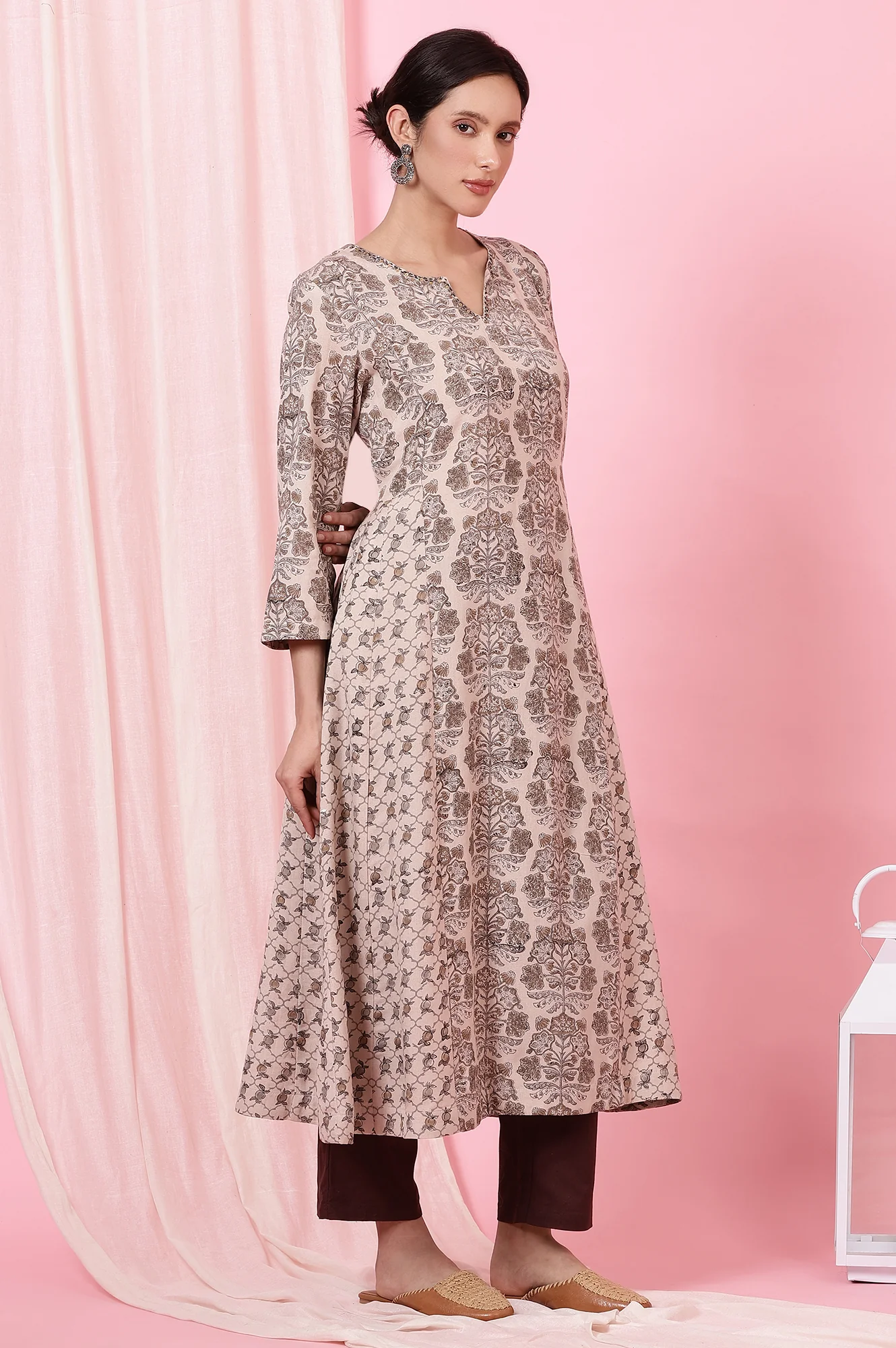 Light Beige Handblock Printed Kurta in Rayon Flax - Image 7
