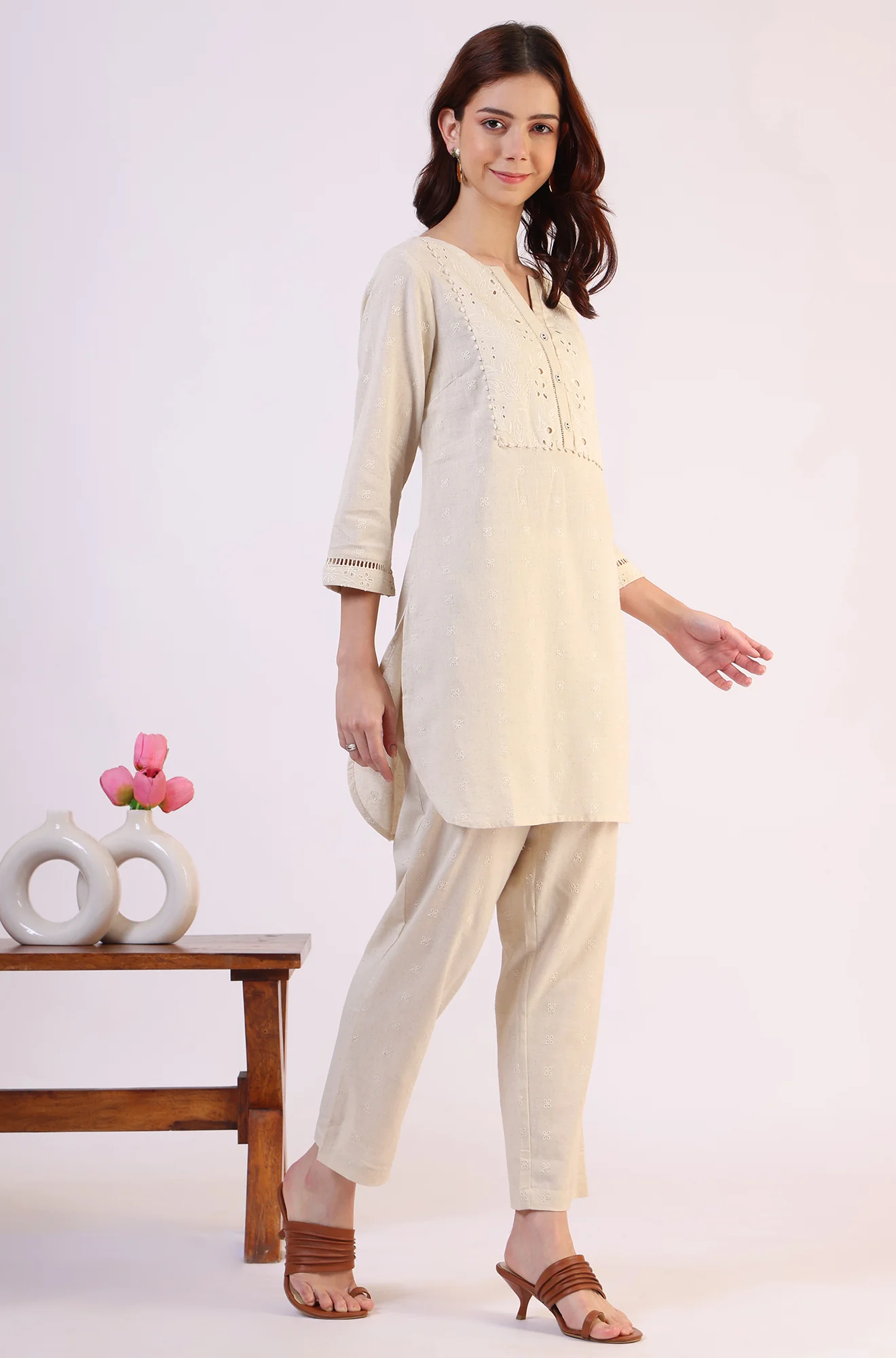 Light Beige Schiffili Embroidered Cotton Flax Short Kurta and Straight Pants Co-ord Set - Image 7