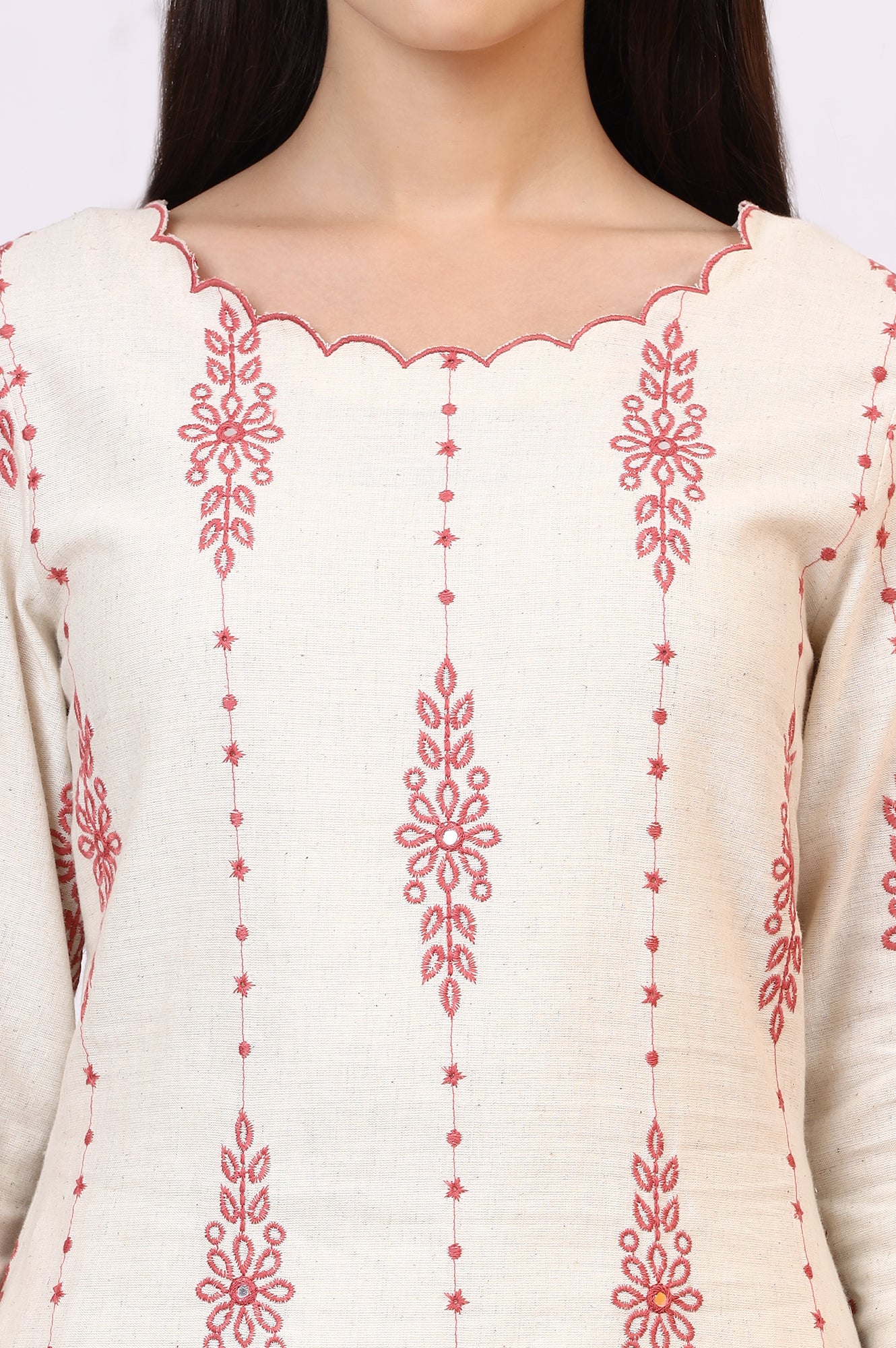 Light Beige Thread Embroidered Cotton Flax Straight Kurta - Image 4