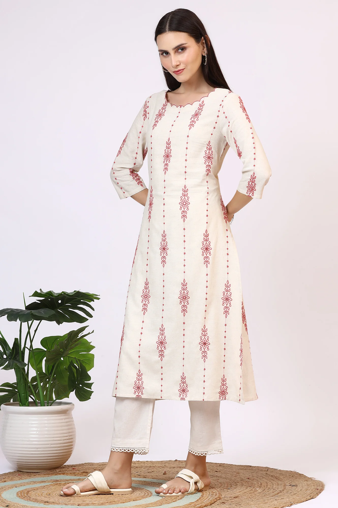 Light Beige Thread Embroidered Cotton Flax Straight Kurta - Image 5