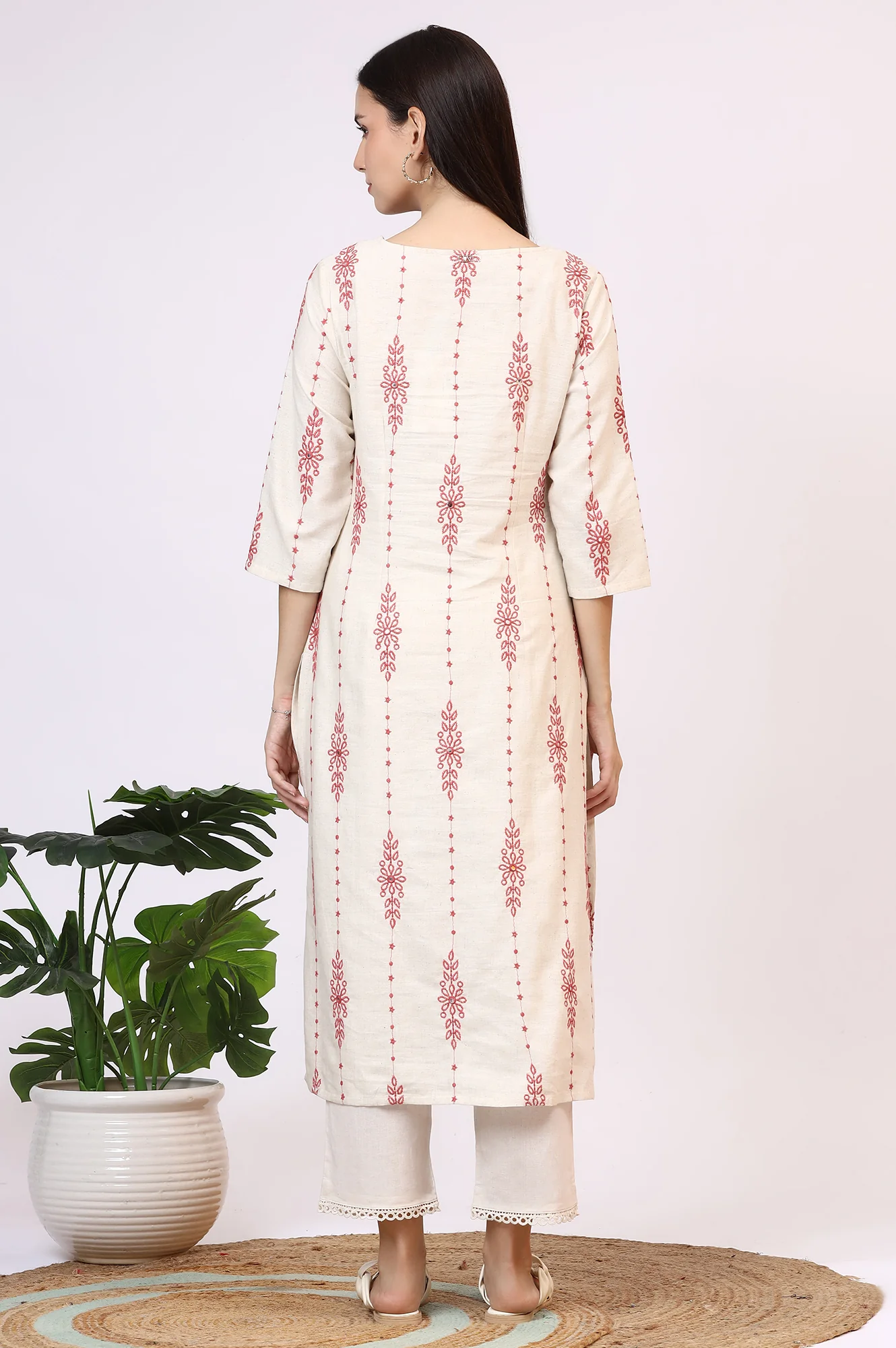 Light Beige Thread Embroidered Cotton Flax Straight Kurta - Image 6