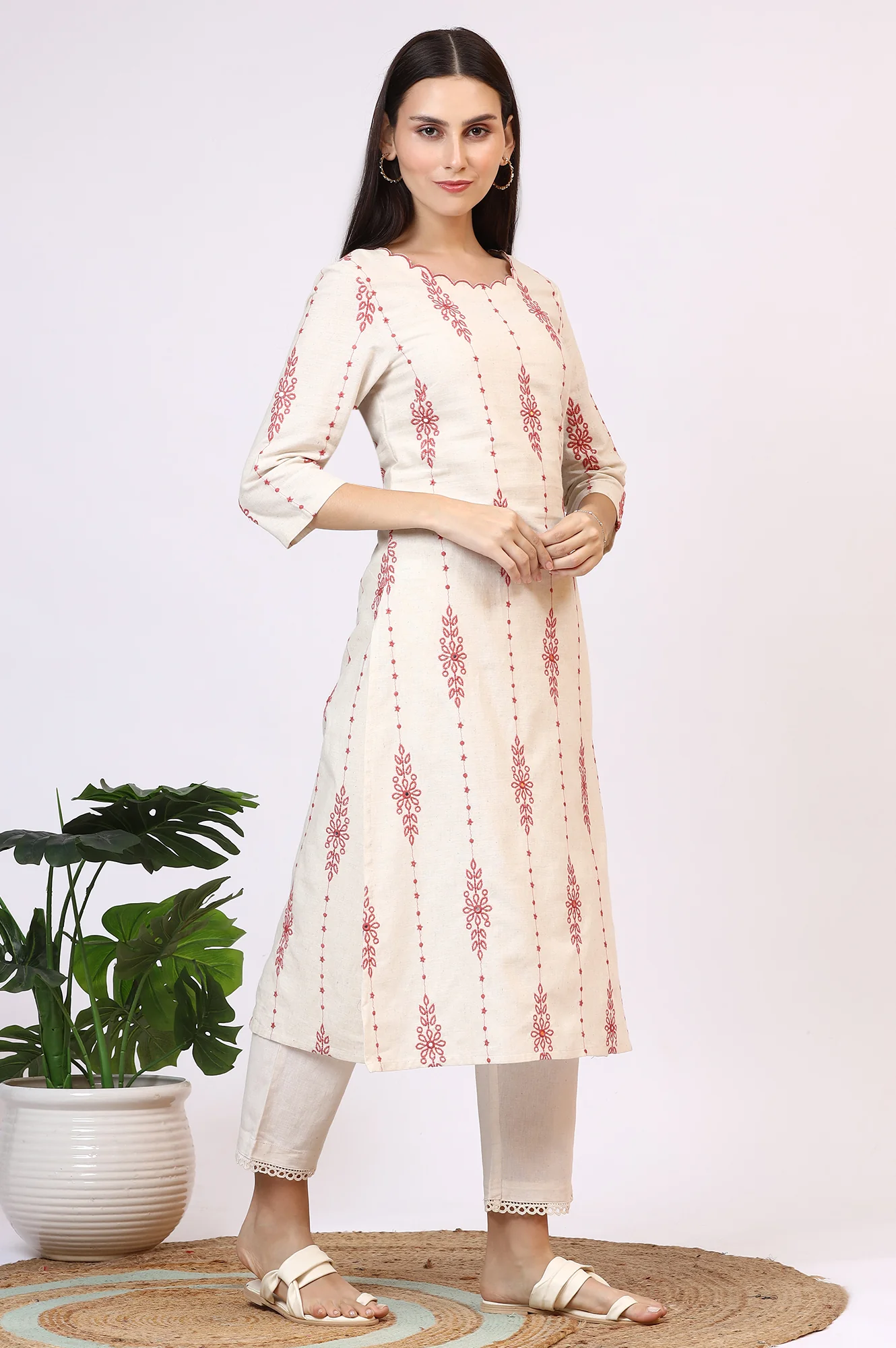 Light Beige Thread Embroidered Cotton Flax Straight Kurta - Image 7
