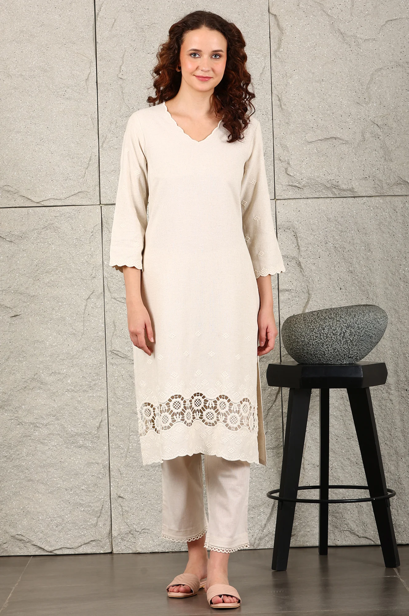 Light Beige Thread Embroidered Linen Rayon Crepe Straight Kurta And Pants Set - Image 2