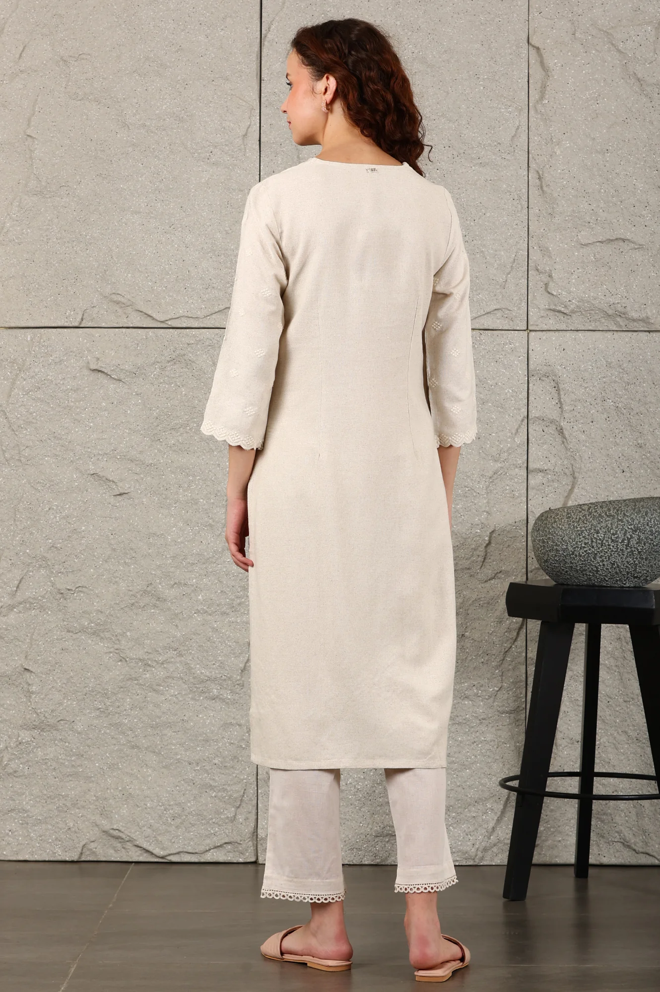 Light Beige Thread Embroidered Linen Rayon Crepe Straight Kurta And Pants Set - Image 5